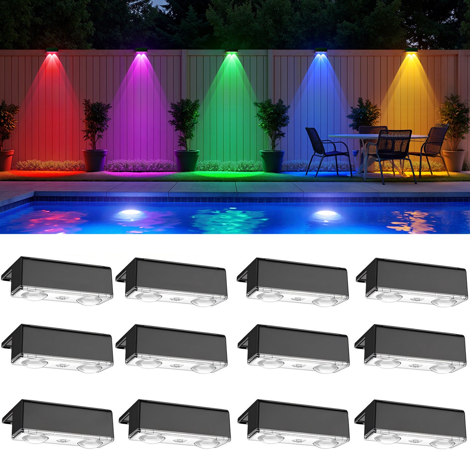 12 Pack LED Solar Fence Light Outdoor RGB Garden Door Wall Deck Stair Step Lamps