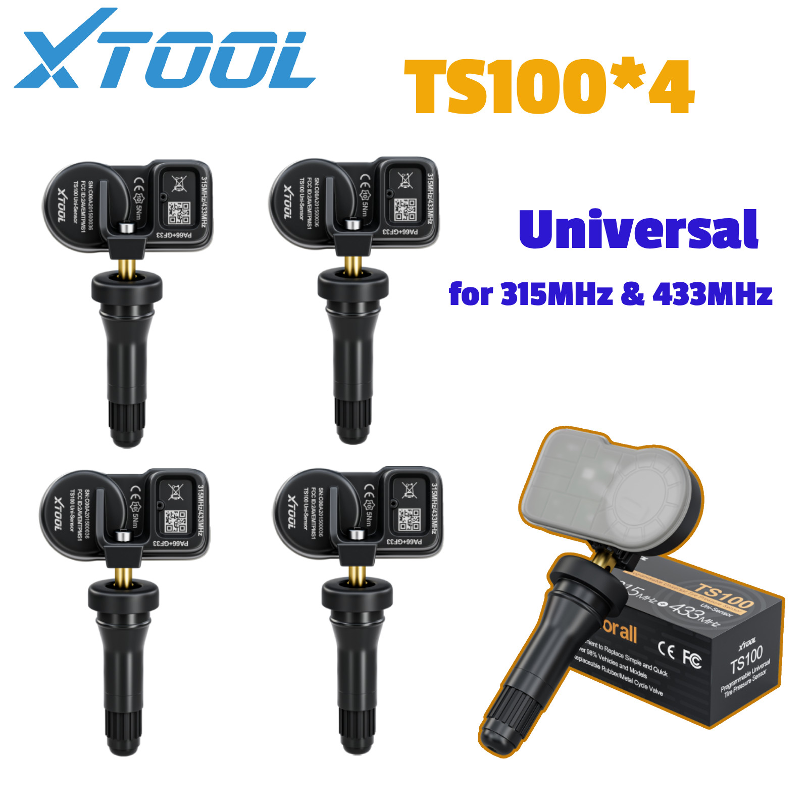 XTOOL TS100 315 & 433MHz Programmable TPMS Tire Pressure Sensor Universal 4PCs