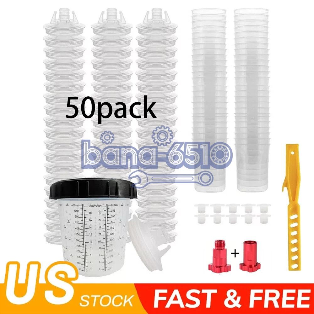 50 Pack PPS CUPS Disposable Paint Spray Gun Cup Liners and Lid System (125 Mic)