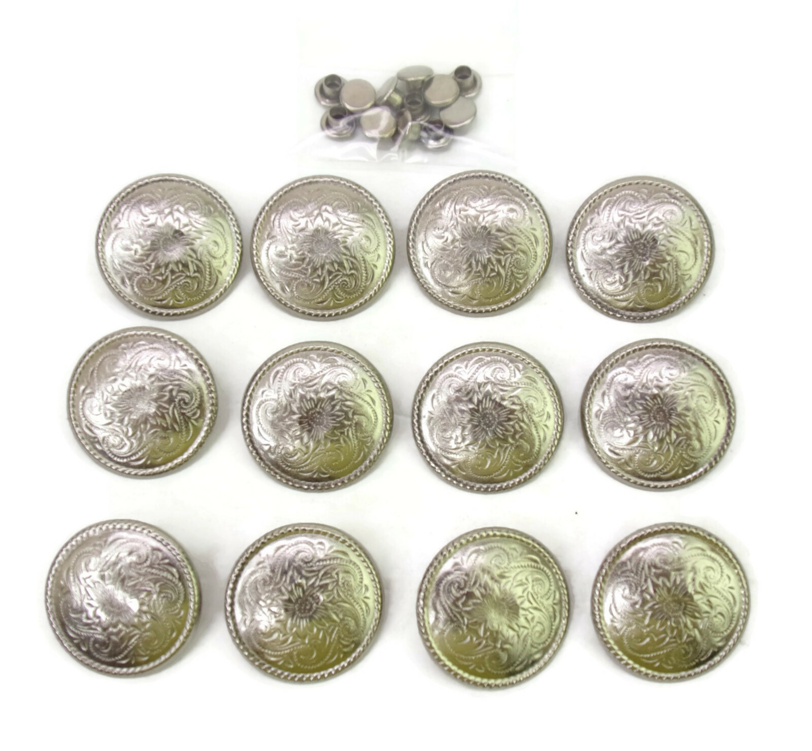12-pcs 1" Conchos w/ Rivet Backs Rope Edge Paisley Wave Leather Embellishments