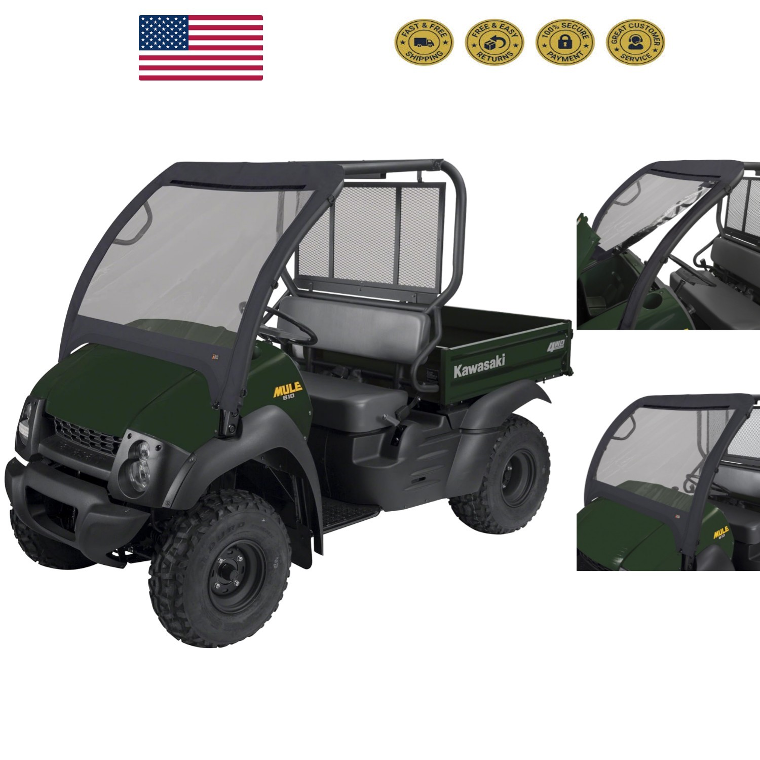 Water-Resistant UTV Front Windshield for Kawasaki Mule 600/610 - UV Protected