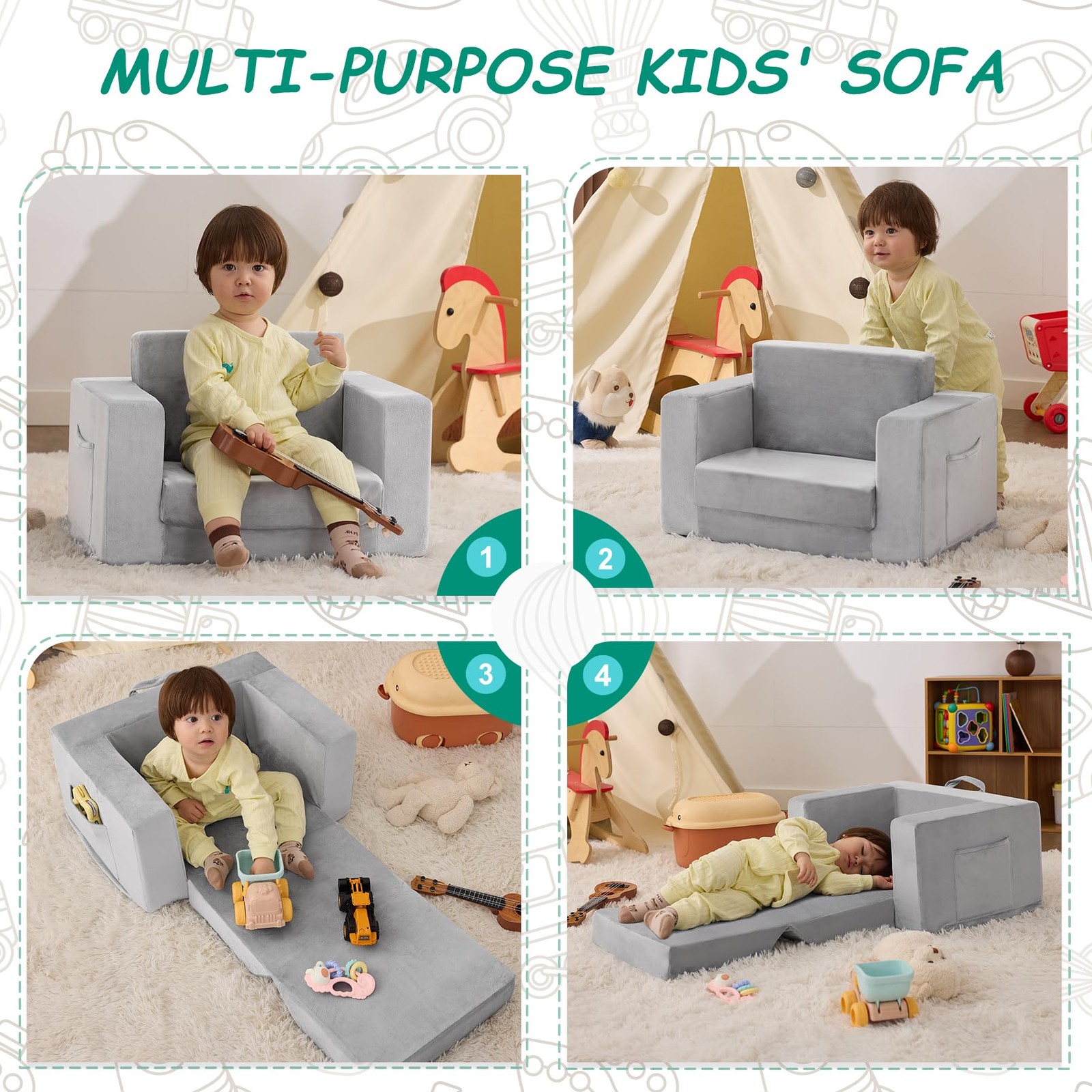 Kids Couch, 2-in-1 Toddler Chair Comfy 1-3 Years Old, Convertible Kids Chair,...