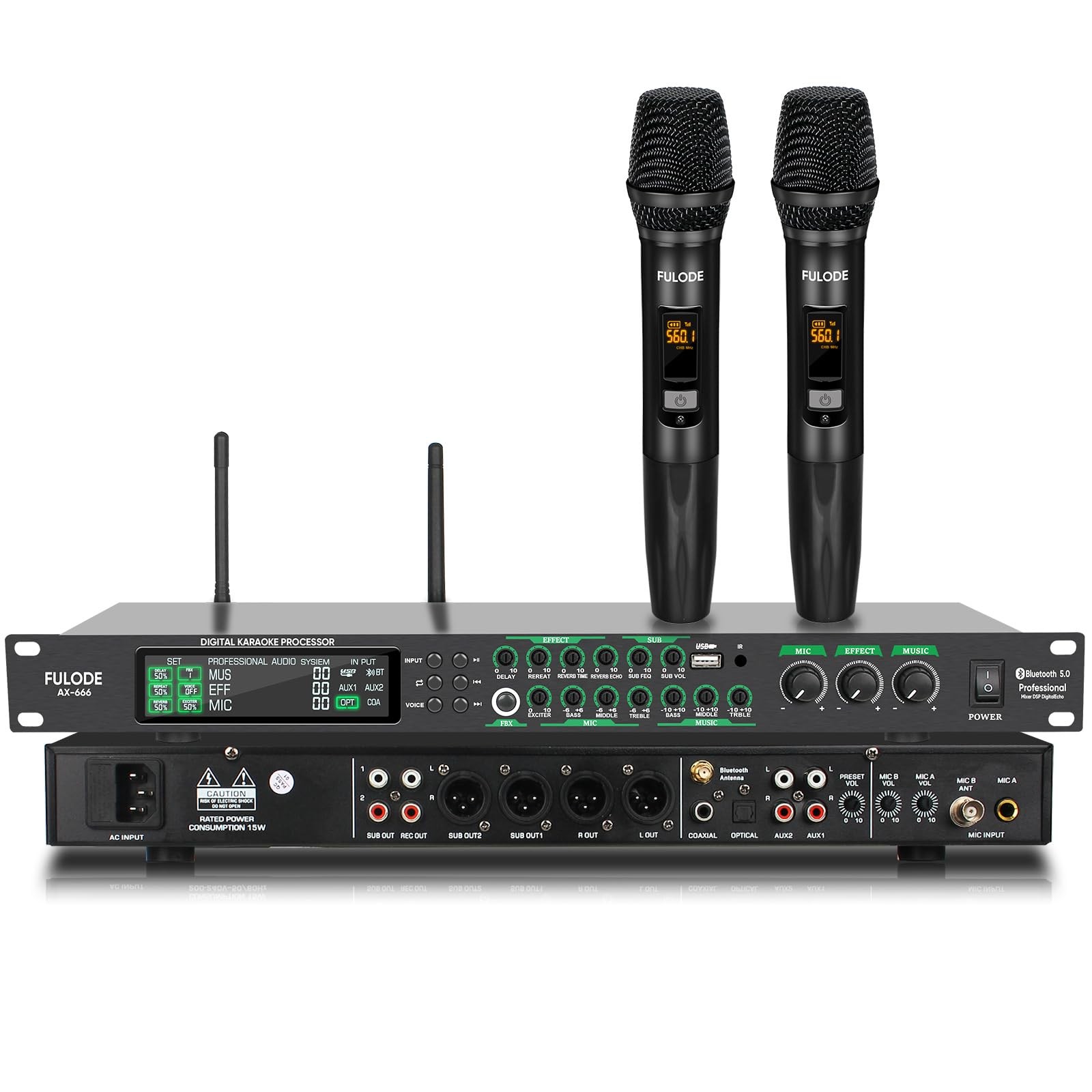AX-666 Professional Karaoke Processor KTV Mixer with Dual Wireless Microphones,