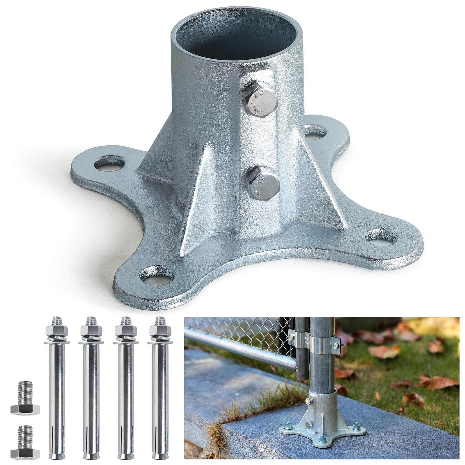 2 Pack Post 2 1/2" (Actual: 2 3/8" OD) Chain Link Fence Post Floor Flange, Su...