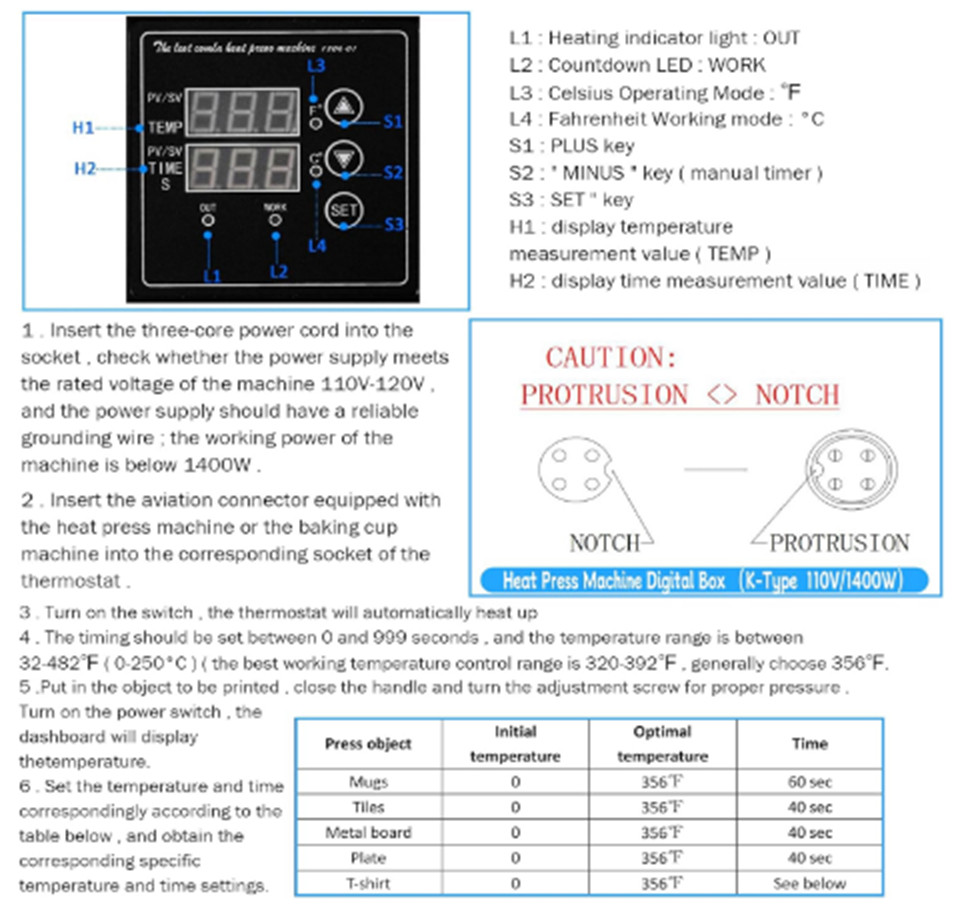 Digital Temperature K Type Dual Display Controller Box for 15x15 Heat Press Mchn