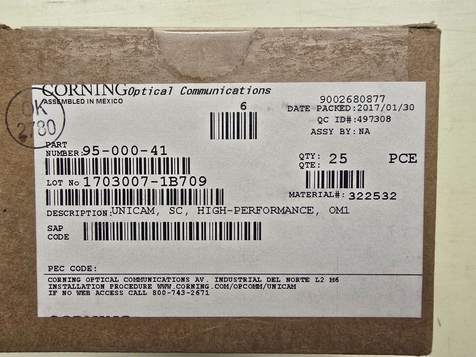 Corning Unicam SC MM 62.5 Fiber Optic Connector 95-000-41 - Pack of 25