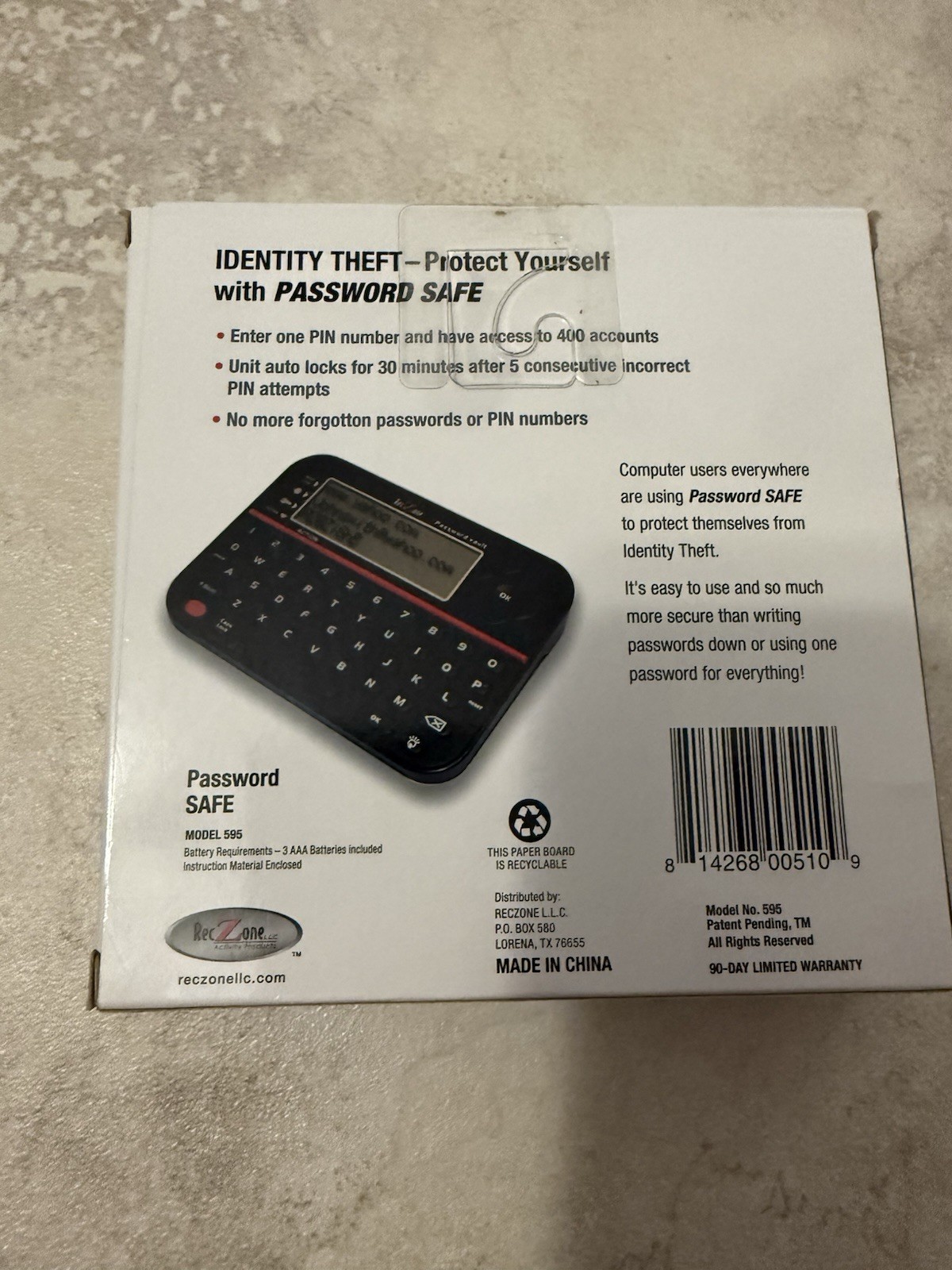 Reczone Password Safe Identity Theft Unit QWERTY Keyboard Model #595 New in Box