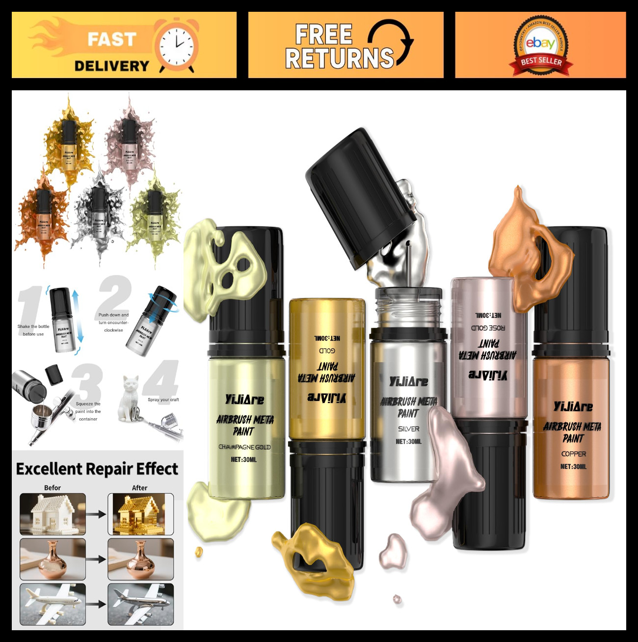 Metallic Airbrush Paint Set - 5 Ready-to-Use Alcohol-Based Colors for DIY Crafts