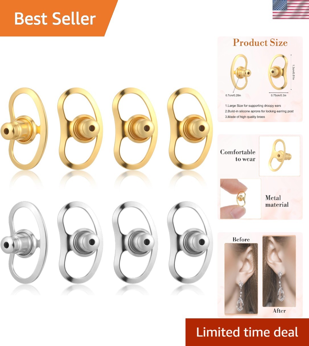 Heavy Earring Lifters 8-Pcs Set: Durable Gold & Silver Backs for Comfort & Style
