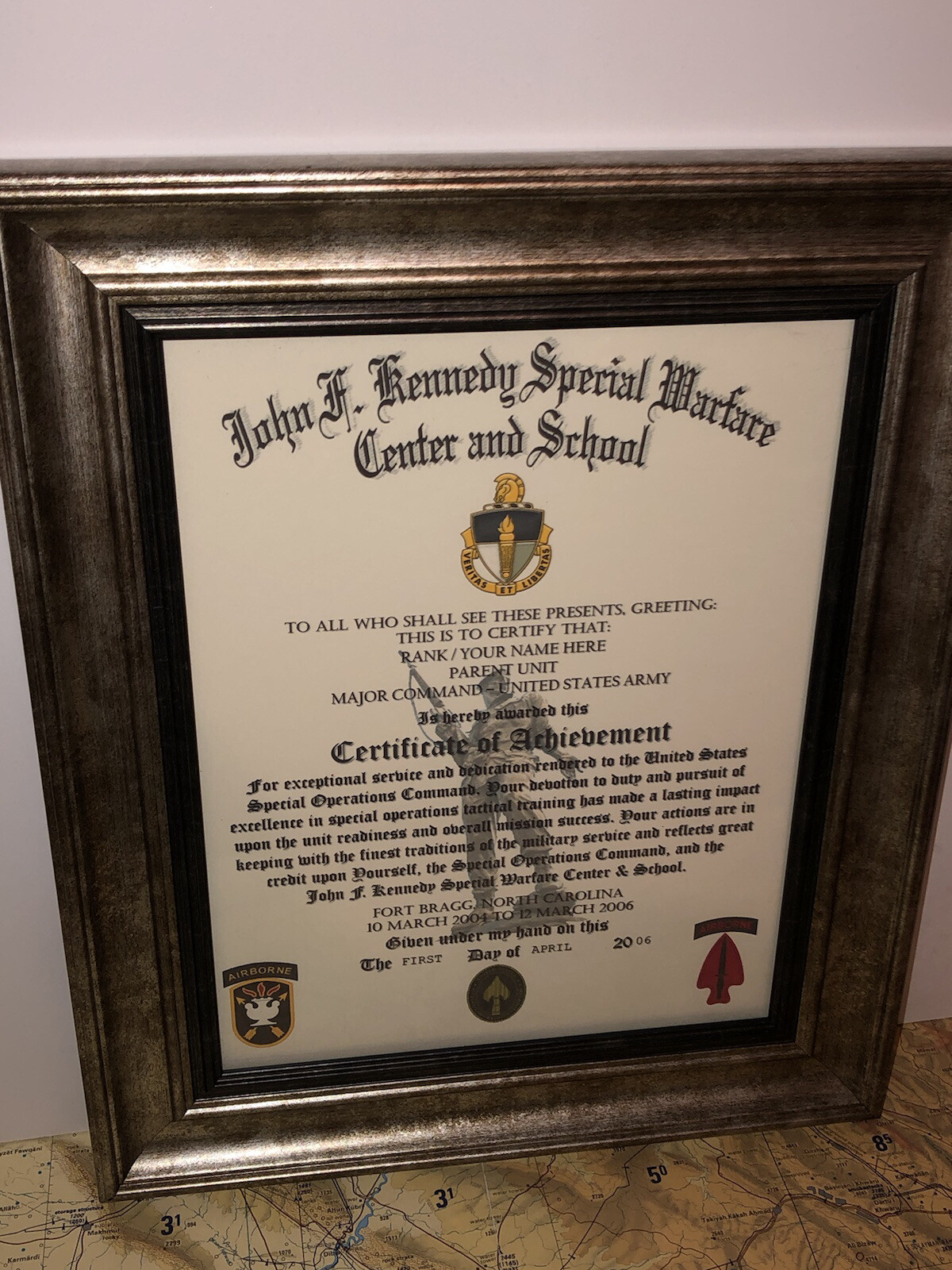 JOHN F KENNEDY SPECIAL WARFARE ~ CERTIFICATE OF ACHIEVEMENT (COMMEMORATIVE)