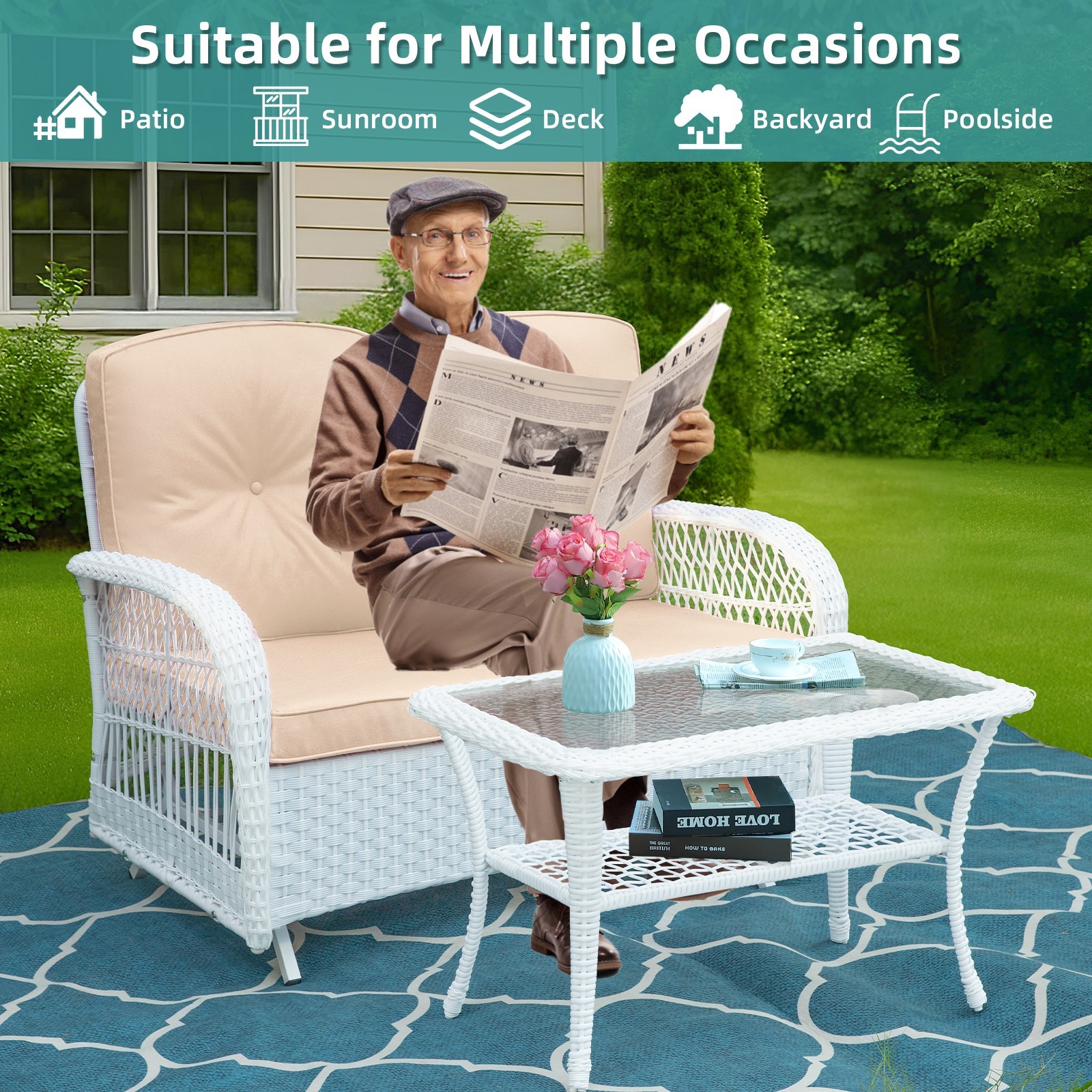 Outdoor Side Table Small Patio End Table Coffee Table with Tempered Glass Top
