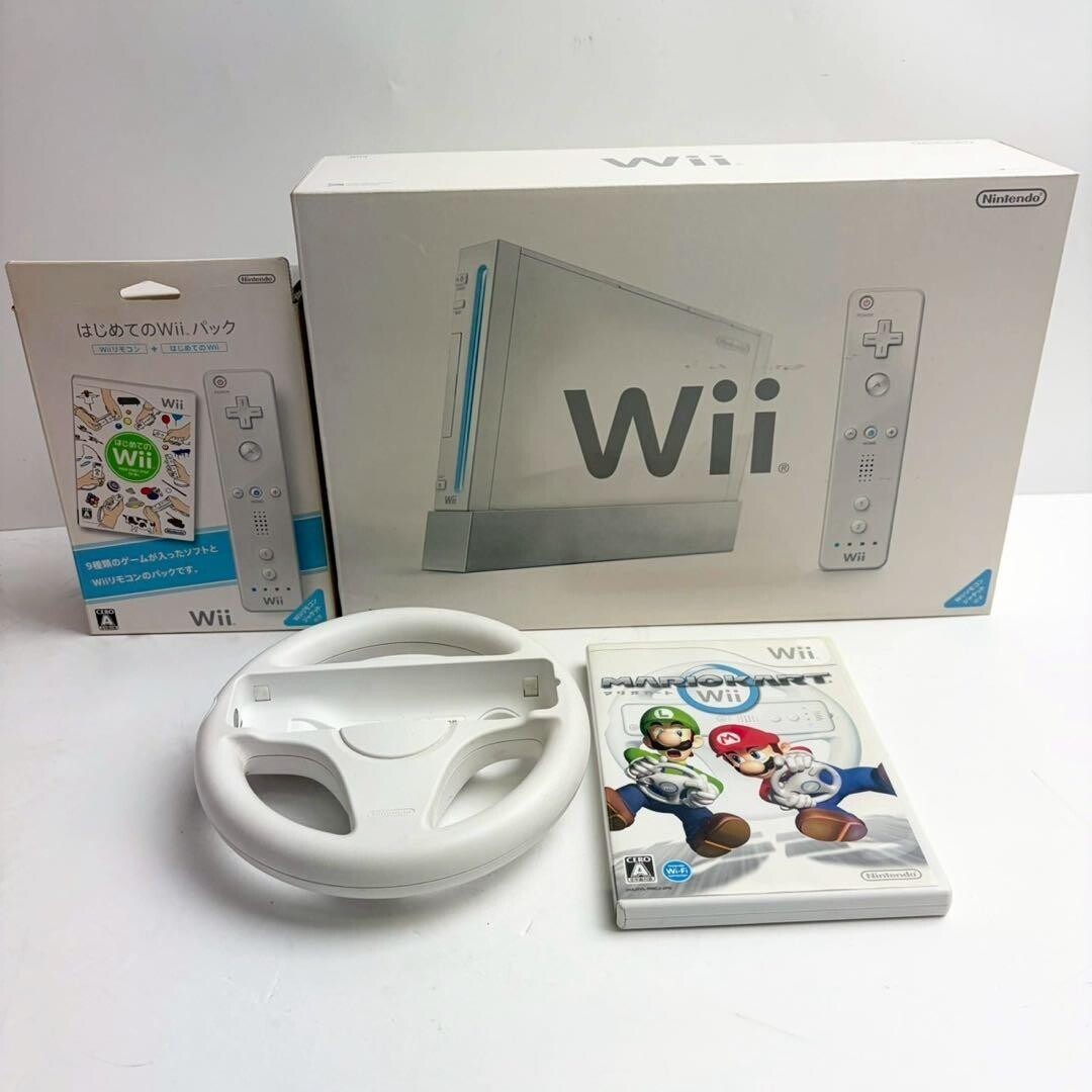 Nintendo Wii Console White Mario Kart Bundle 2 Controllers Wheel Nunchuk Game```