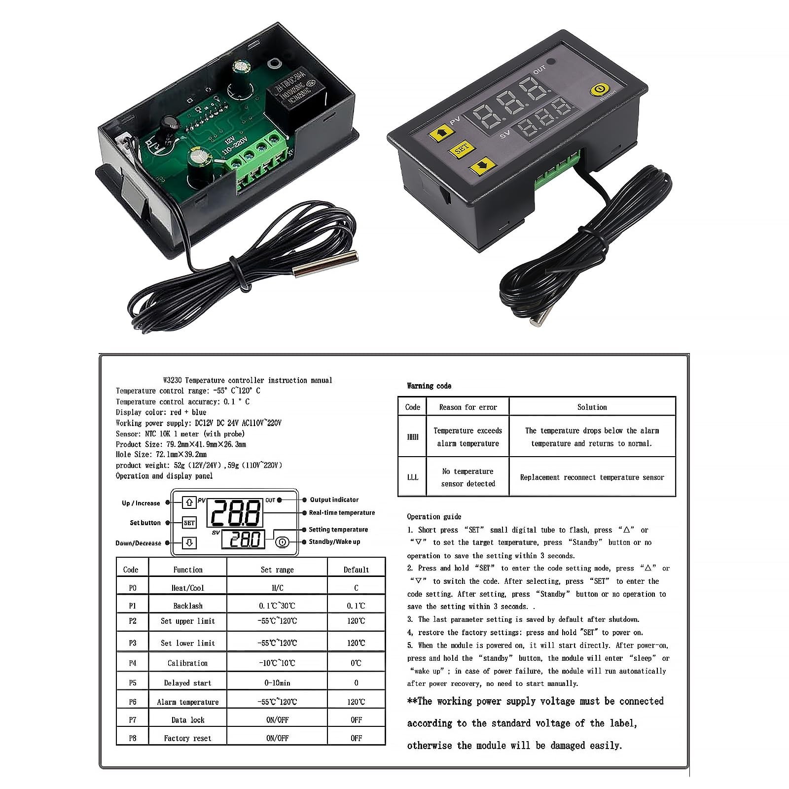 2pcs Digital Temperature Controller W3230 Digital LED Thermostat Switch with ...