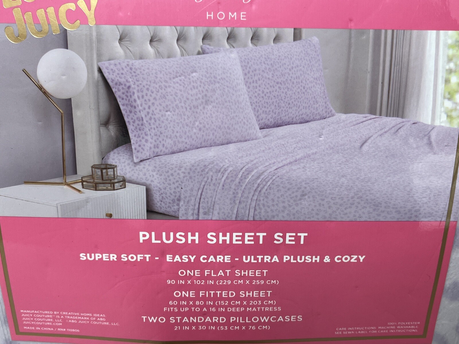 Juicy Couture PURPLE Leopard Plush 4~Pc Queen Bed Sheet set 100% Polyester NWT