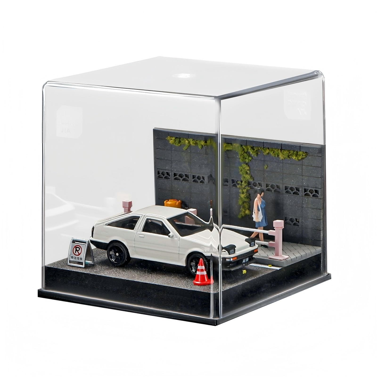 1/64 Diecast Car Display Case - Clear Acrylic Showcase Moss-Covered Wall Scen...