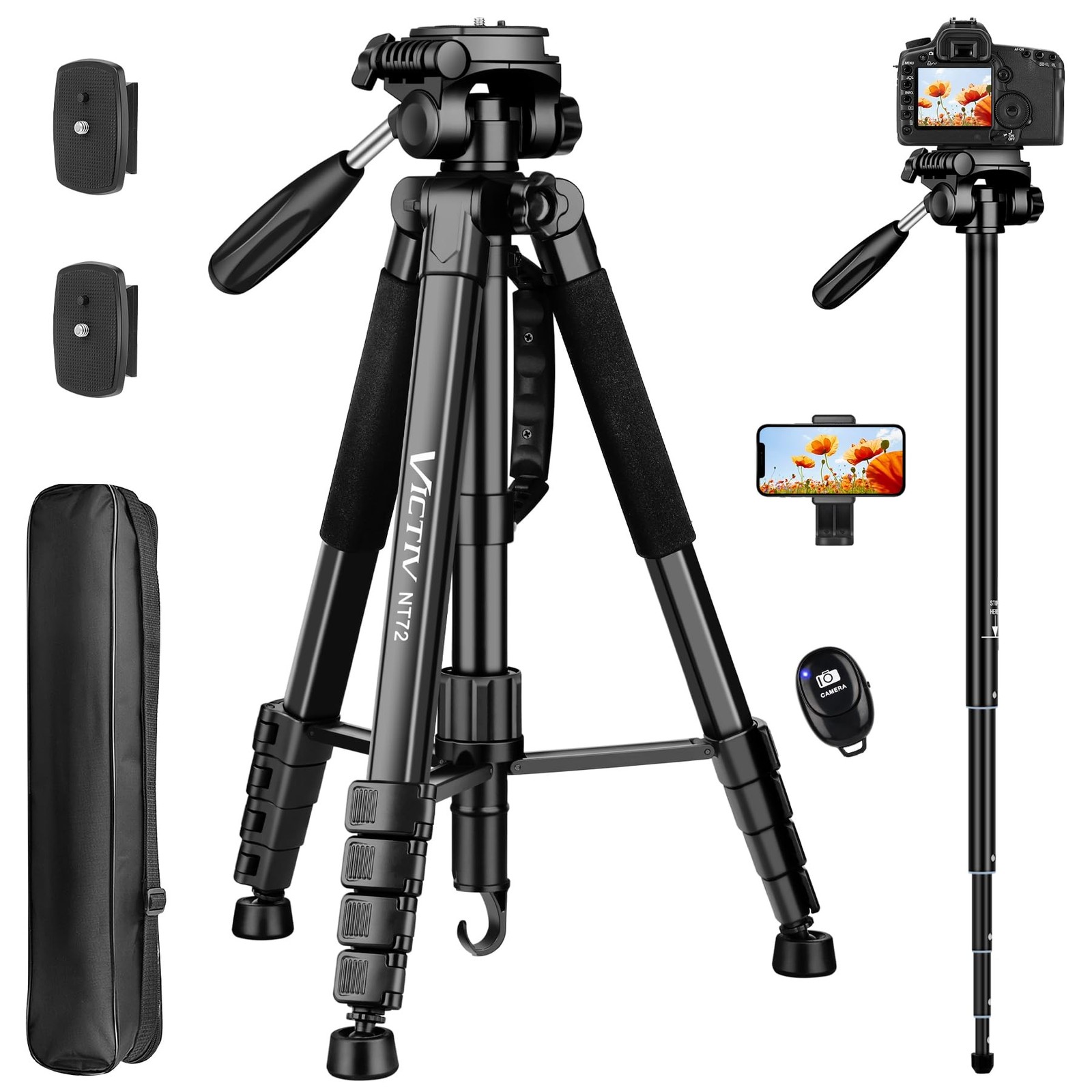 Tripod for Camera, 72" Tall Camera Tripod Monopod with Remote, Professional H...