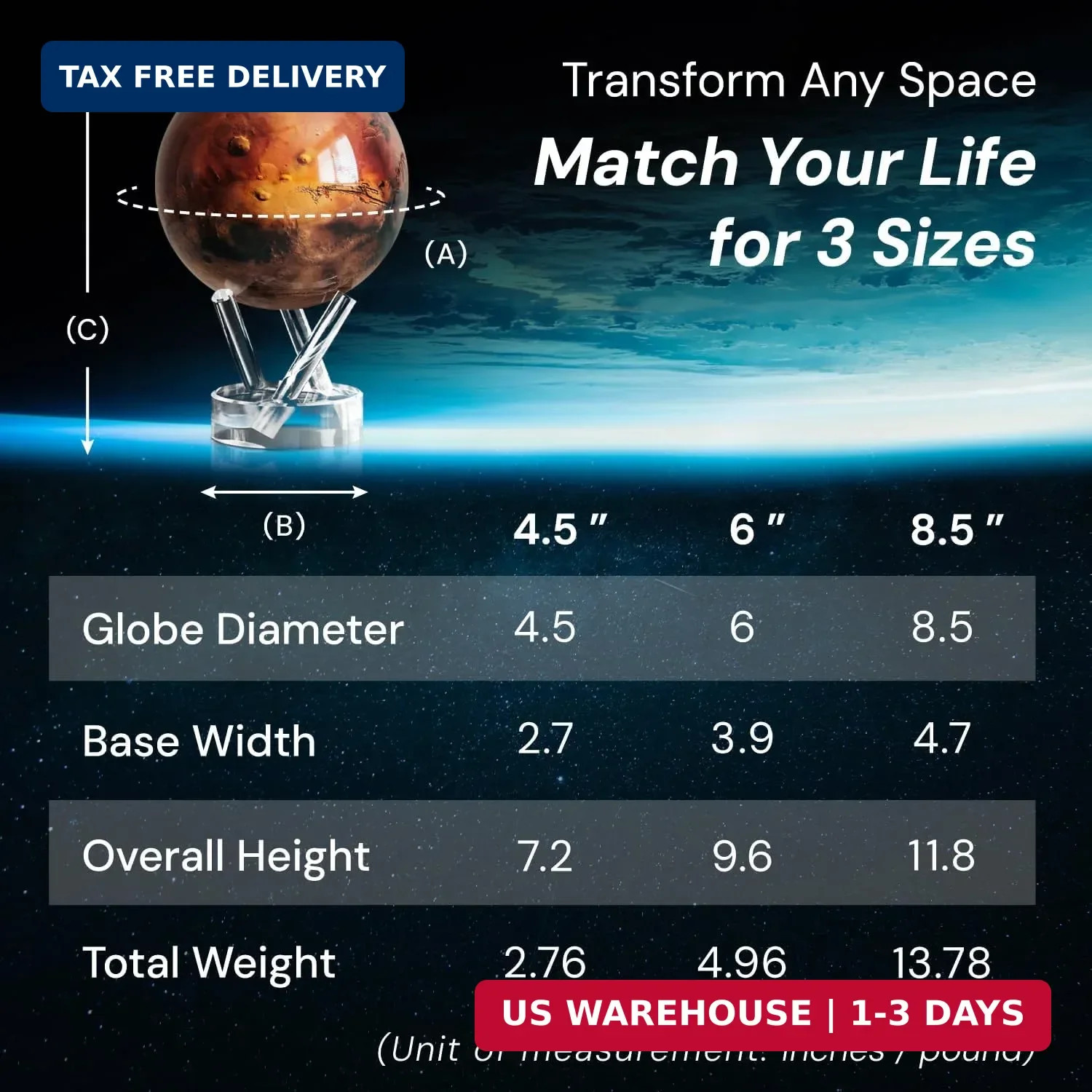 MOVA Globe - Mars Classic (4.5") | Rotating Planet Model for Space Decor and Ast