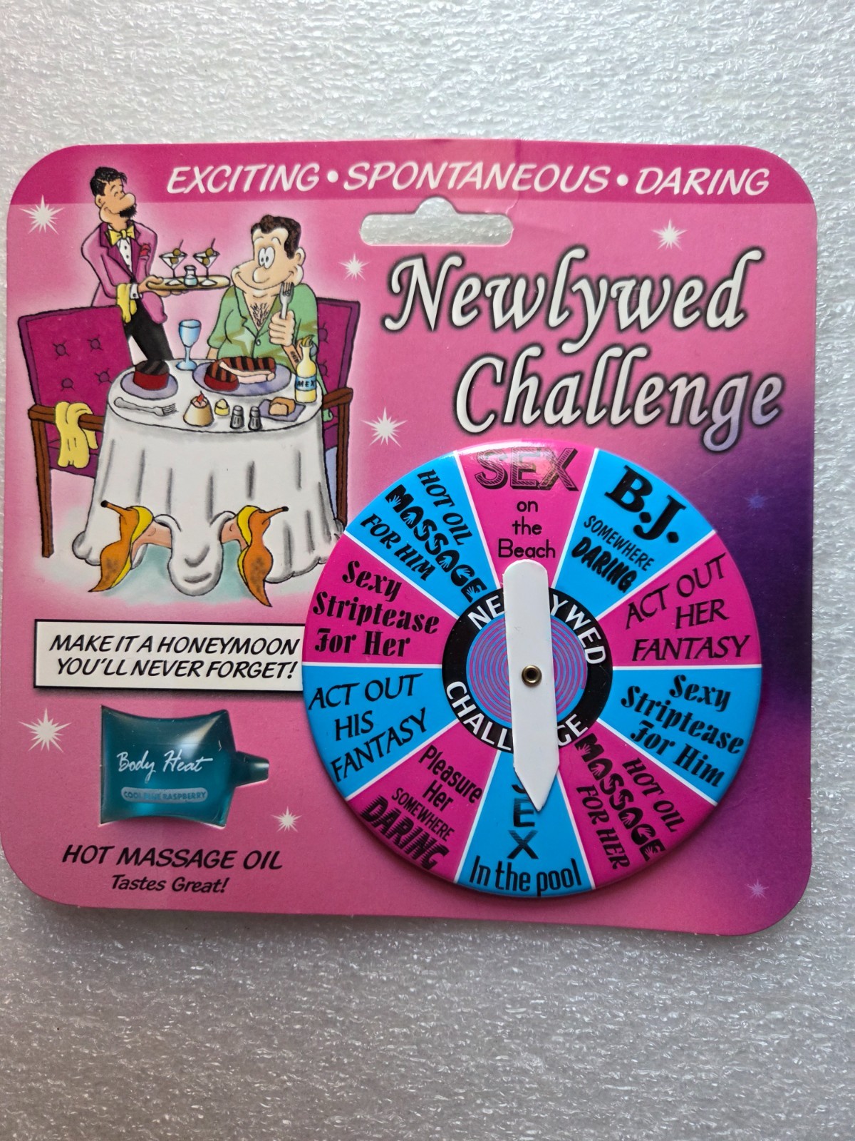 Newlywed Challenge Game Gag Gift Metal Spin Disc Heated Flavored Massage Oil