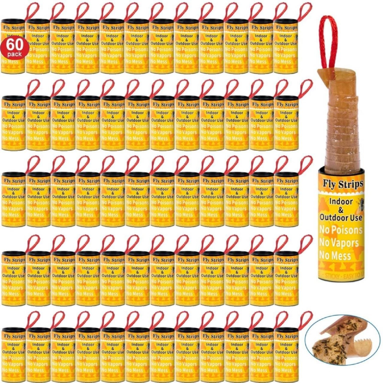 60pk Outdoor Hanging Fly Trap Strips Tape Paper for Home Kitchen Garden