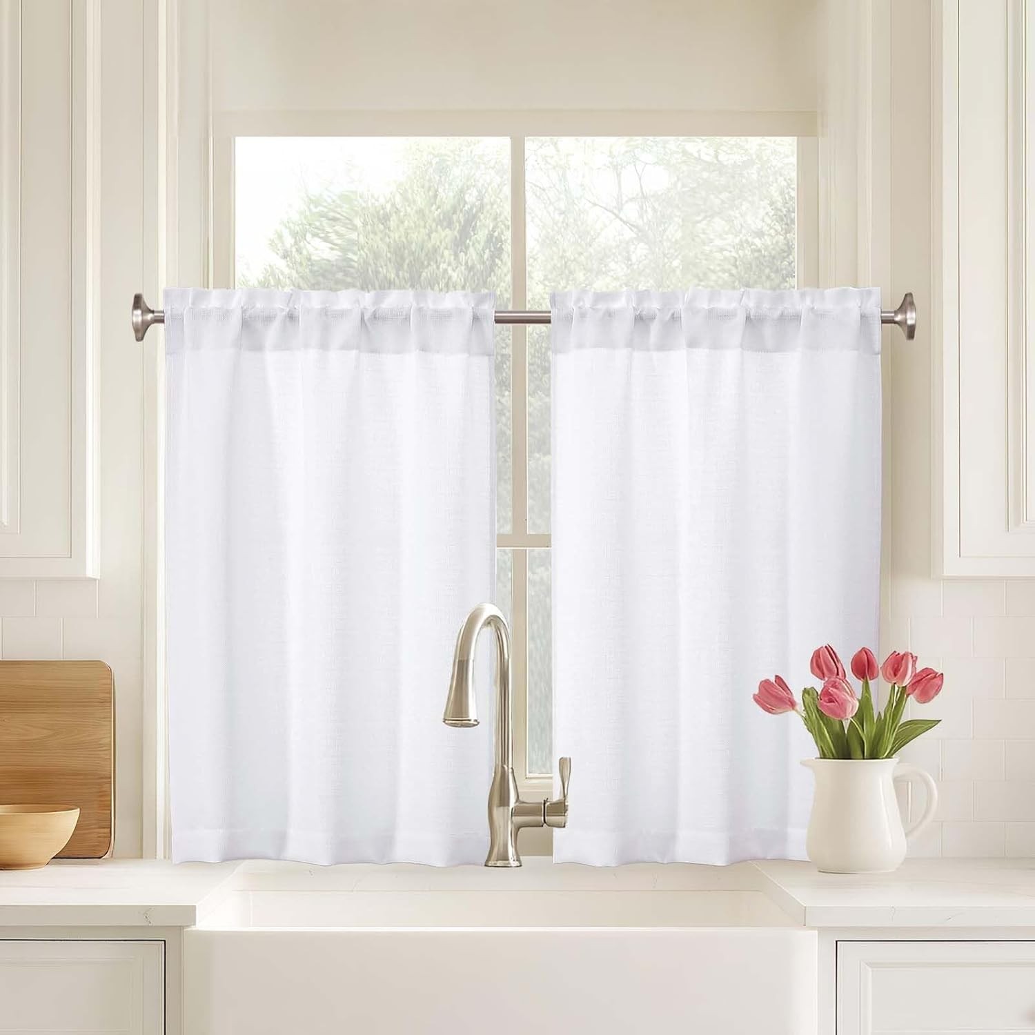 White Kitchen Curtains 36 Inch Length 2 Panels, Light Filtering Farmhouse