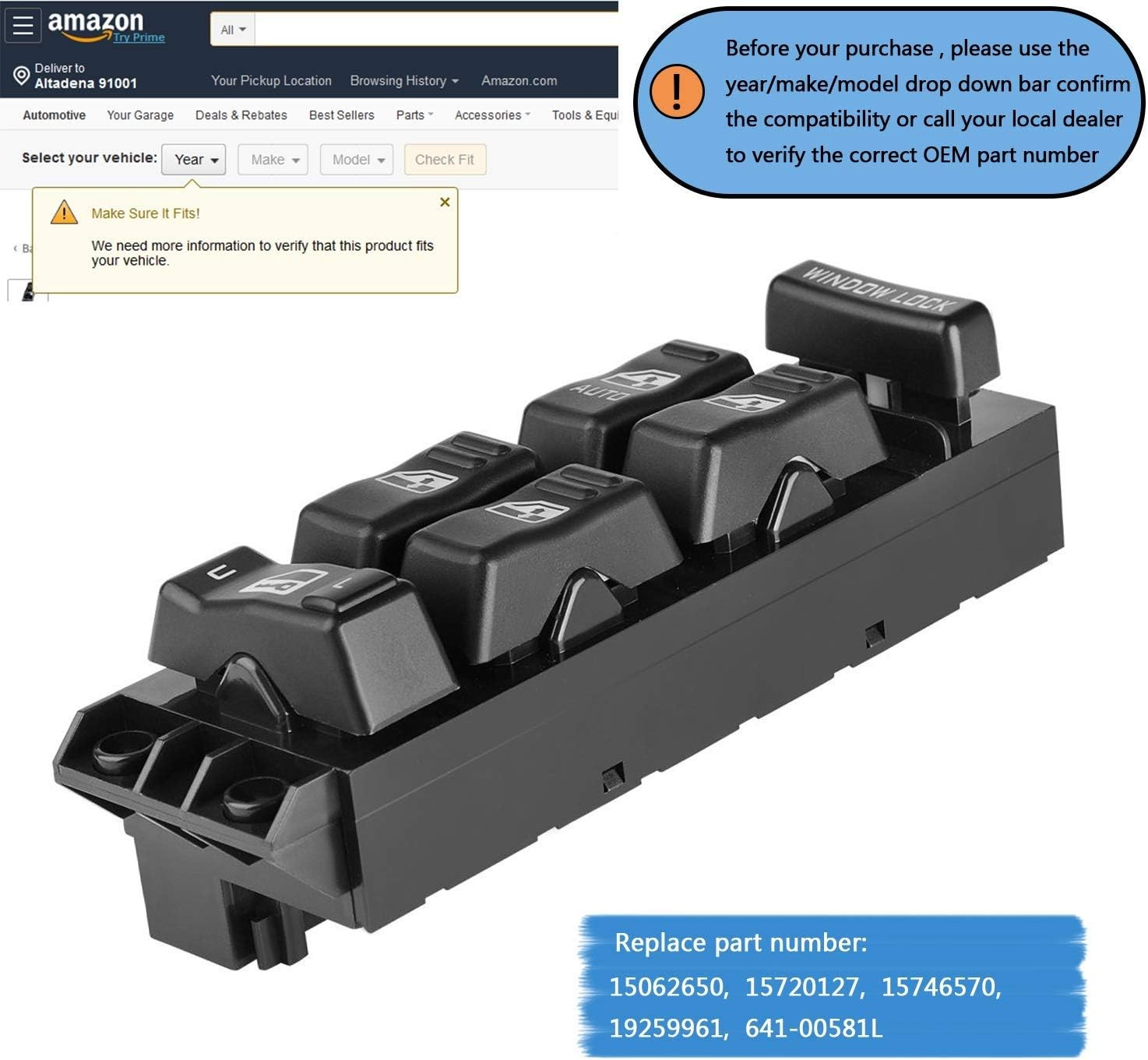 19259961 Power Window Switch Front Driver Side Compatible for 2000-2002 Chevy Si