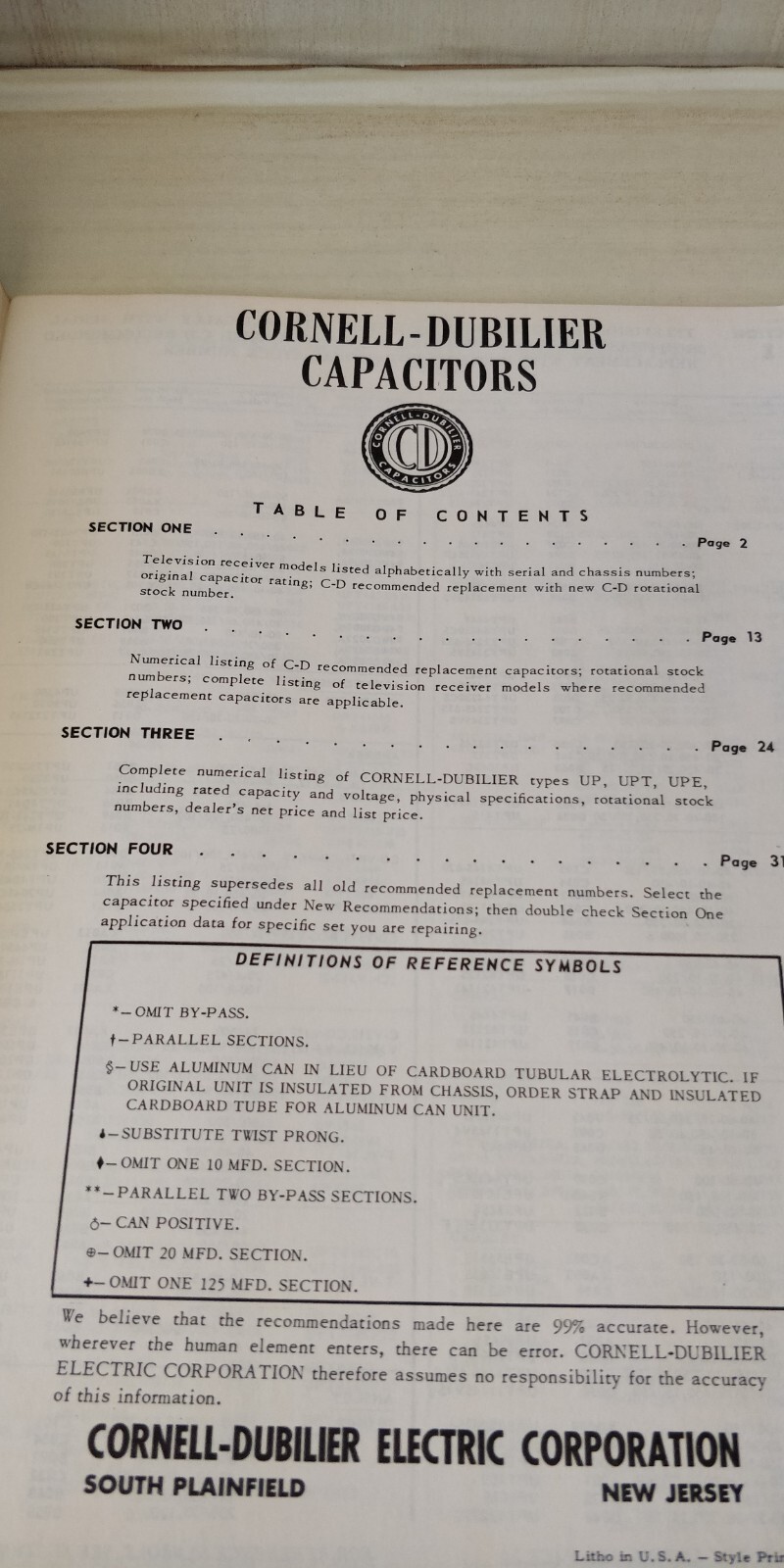 Vintage 1950s Cornell Dubier TV Capacitor Replacement Guide