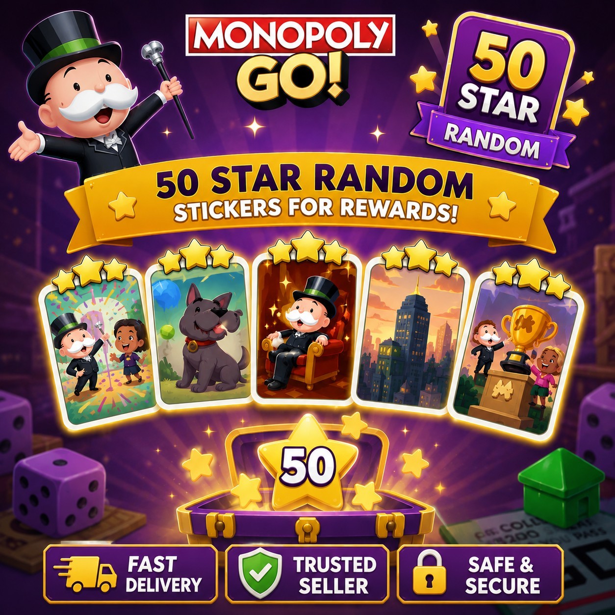 50 Stars For Open Vault : Monopoly Go Random Stickers For Rewards