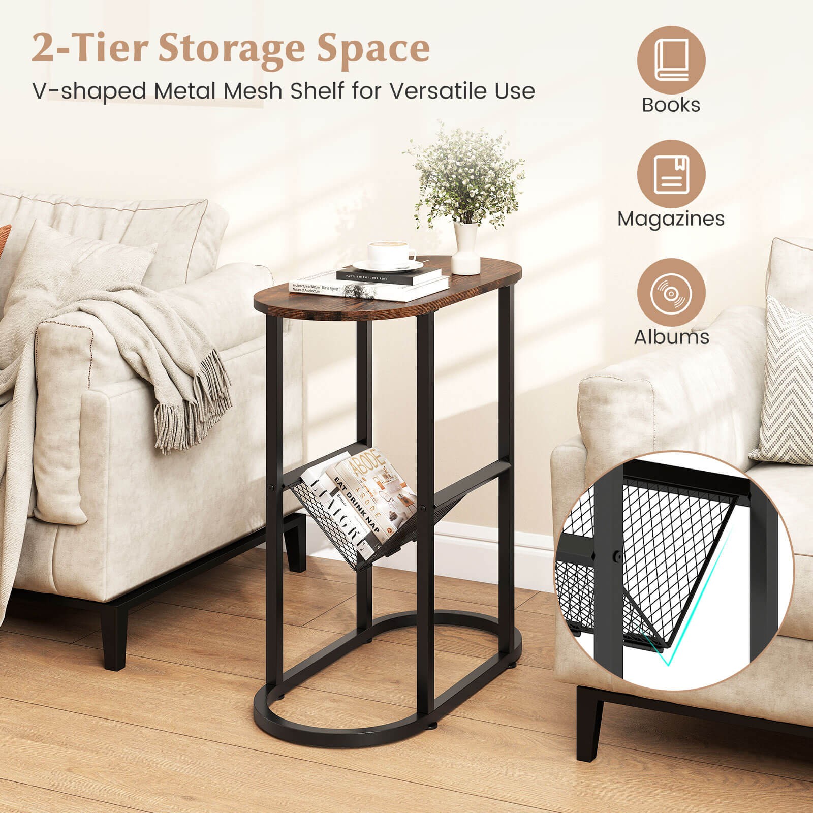 2-tier Side Table Oval Narrow End Table Nightstand Bedside Table Brown
