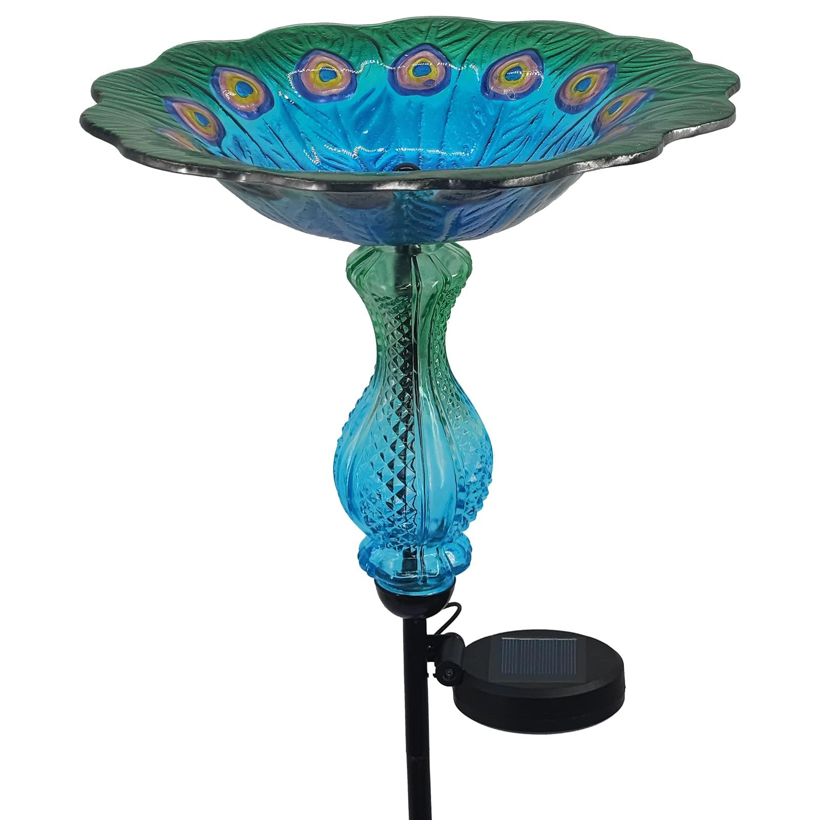 Blue Peacock Ground Stake Solar Bird Feeder for Outside,Bird Pond Outdoor Gla...