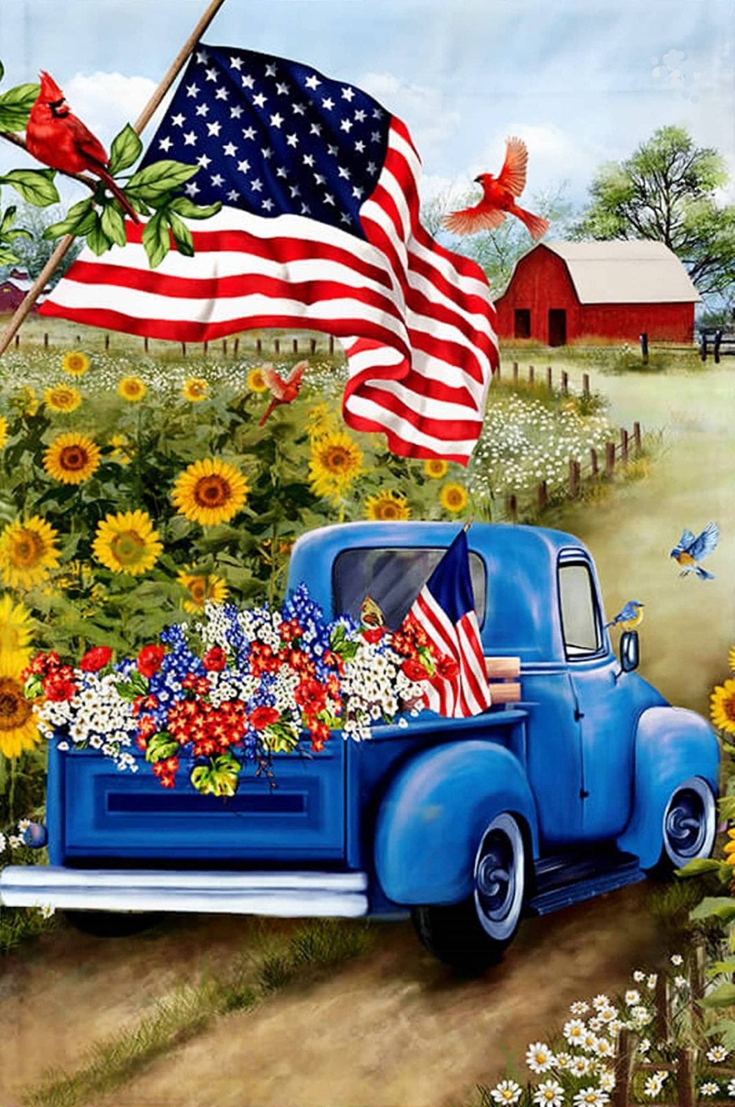 American Flag Pick Up Truck Patriotic Sublimated Double Sided Garden Flag SGF008