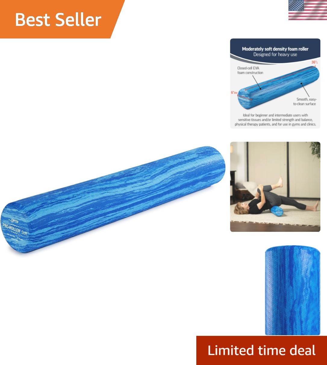 Blue Soft Foam Roller 36" x 6" - Essential for Physical Therapy & Muscle Relief