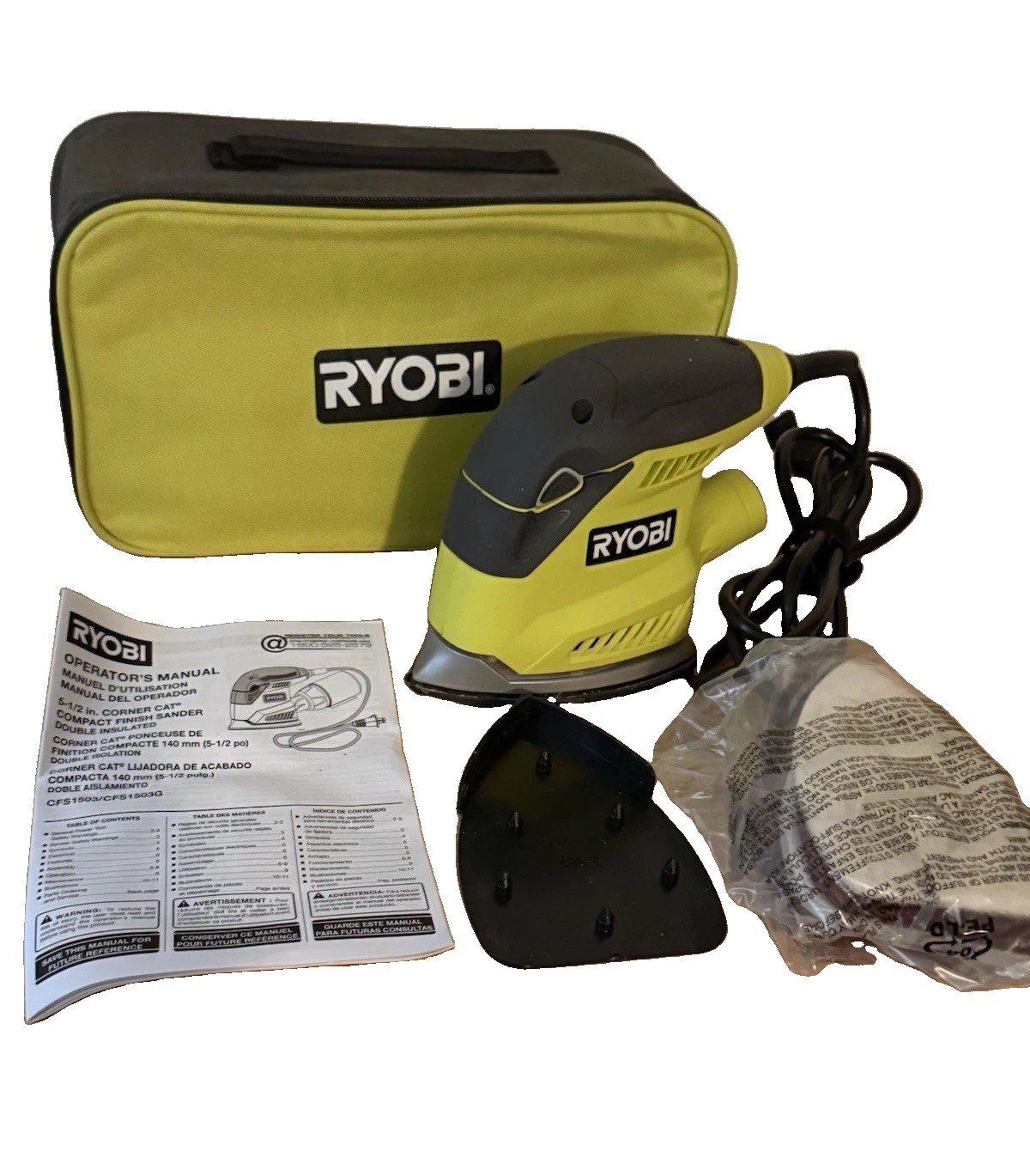 Ryobi Corner Cat 1.2 Amp Corded Detail Finish Sander CFS1503GK w/Box and Manual