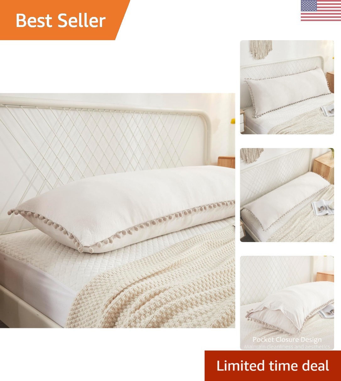 Elegant Beige 54x20 Inches Body Pillow Cover with Pom Poms & Pocket Closure