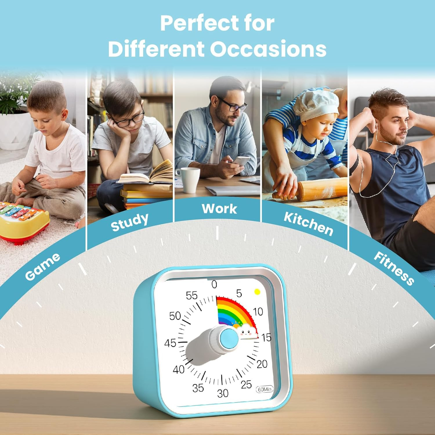 Visual Timer for Kids with Pause Function, Cute Silent Timer with Rainbow for Cl