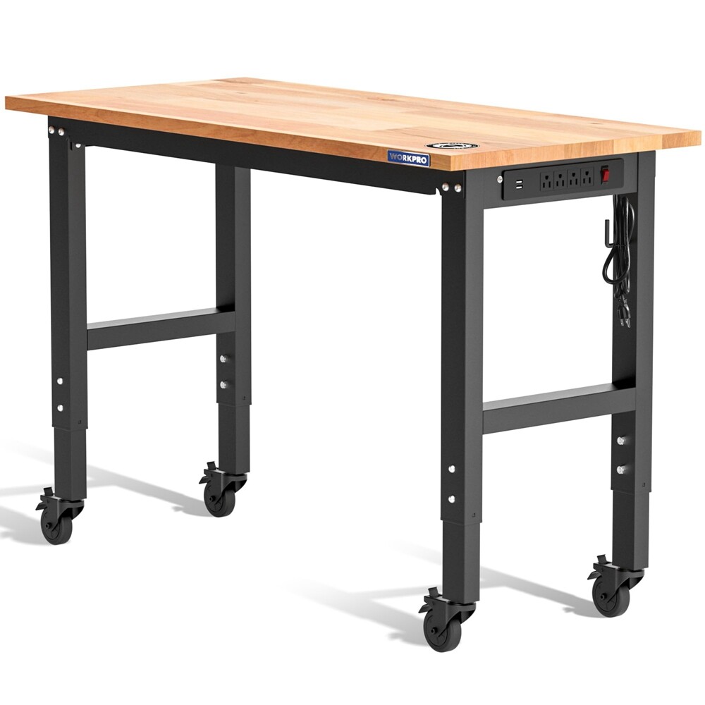 WORKPRO 48"X22" Adjustable Workbench with Wheel Rubber Wood Top Garage Workbench