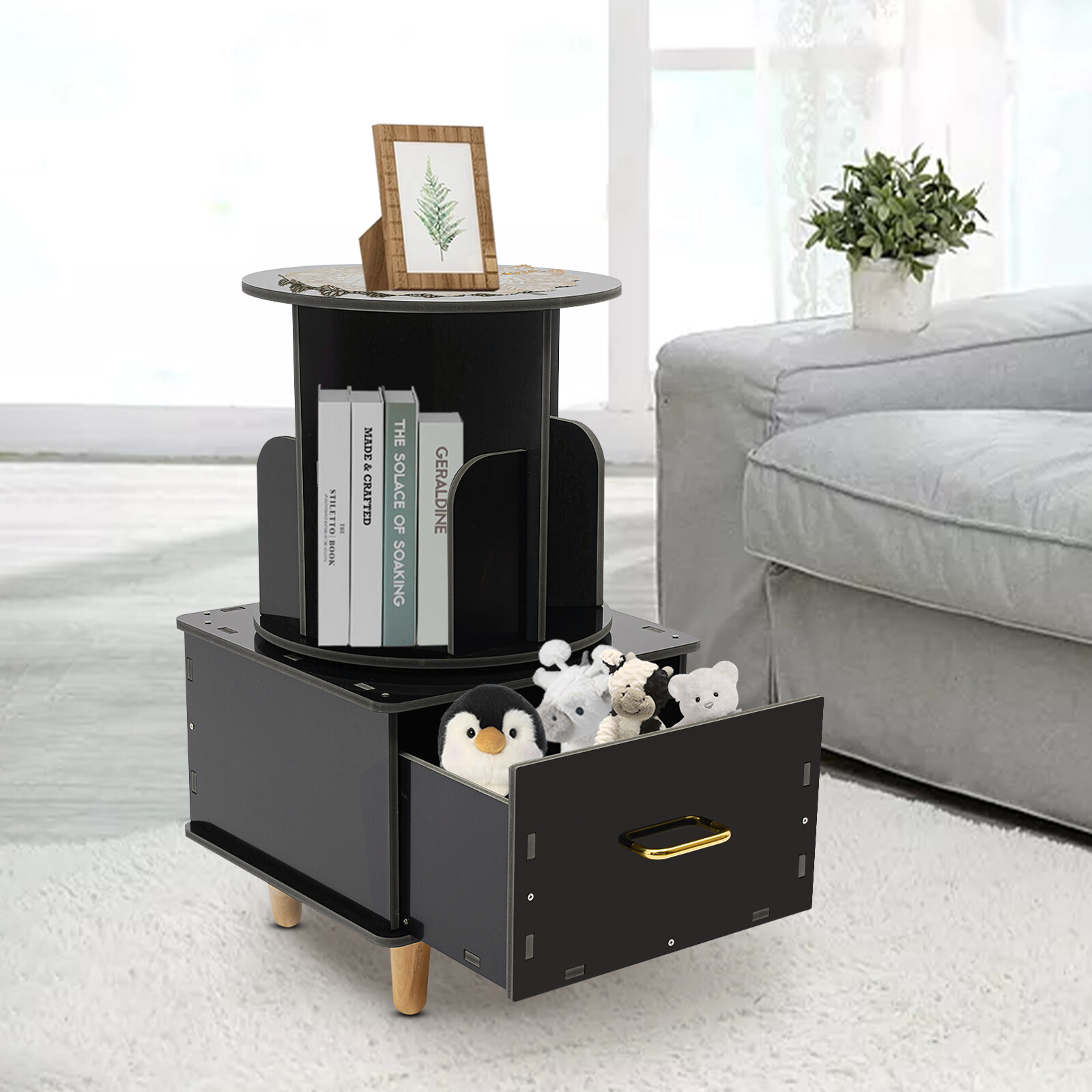 Modern Bedside Table with Drawer Corner High End Table Black Rotating Bookshelf
