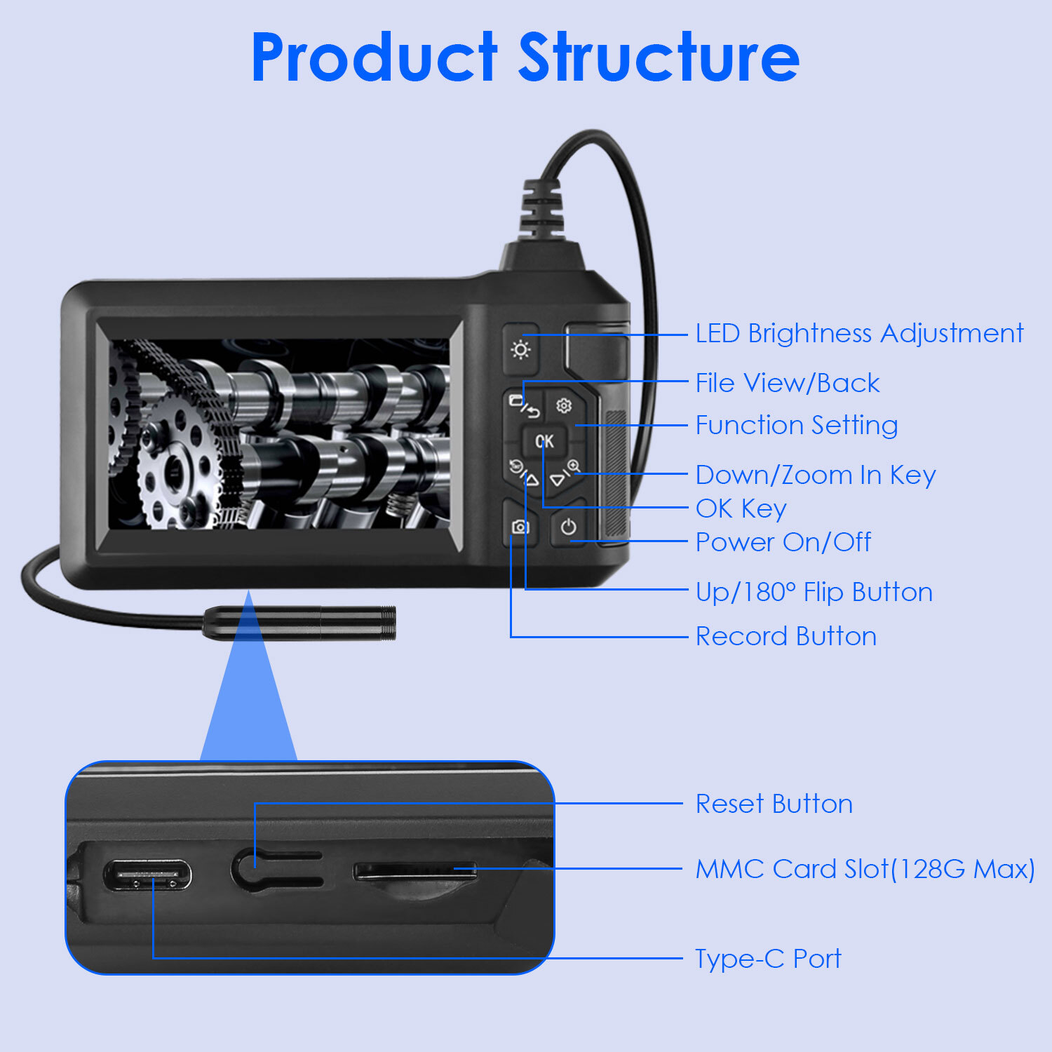 1080P Endoscope Camera 4.3'' Screen Borescope Inspection Snake Camera 16.4FT
