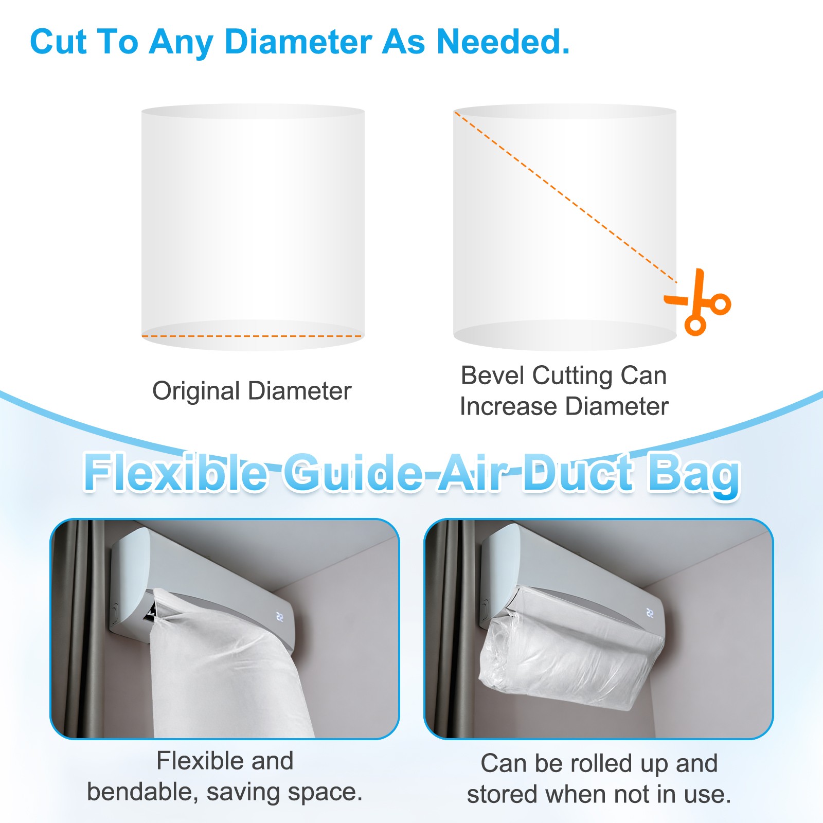 2Pcs 5M/16FT Air Conditioner Blowing Bag Flexible Extended Pipe Bag with Tape