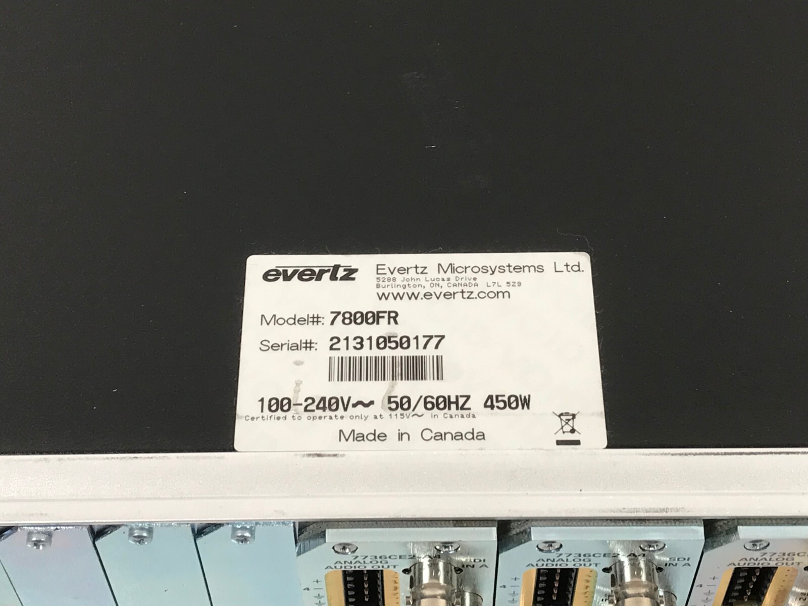 Evertz 7800FR MultiFrame Loaded w/ x4 Cards 7736CE2-A4