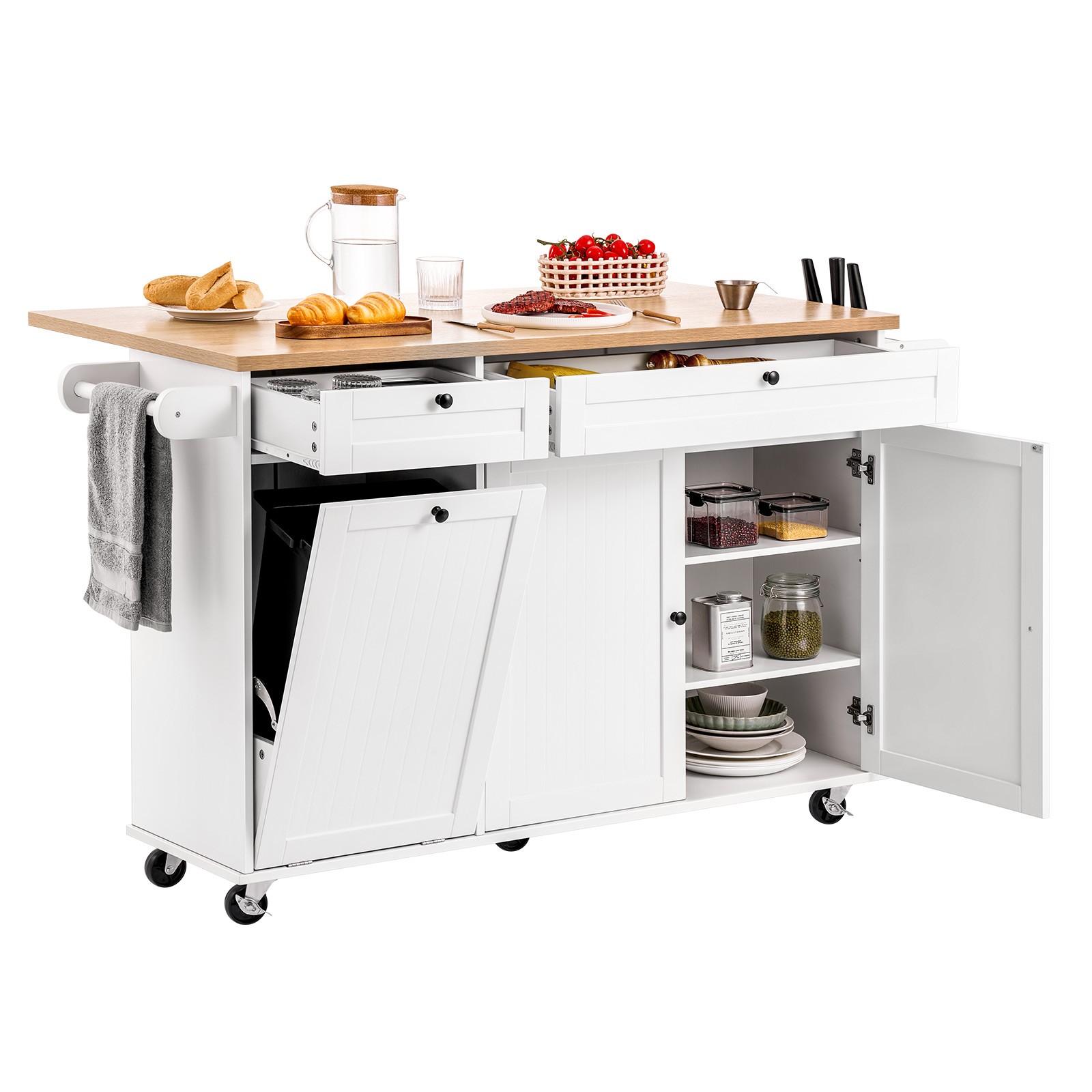 60" Drop Leaf Kitchen Island Cart Rolling Trolley  w/ Storage Drawer Rack