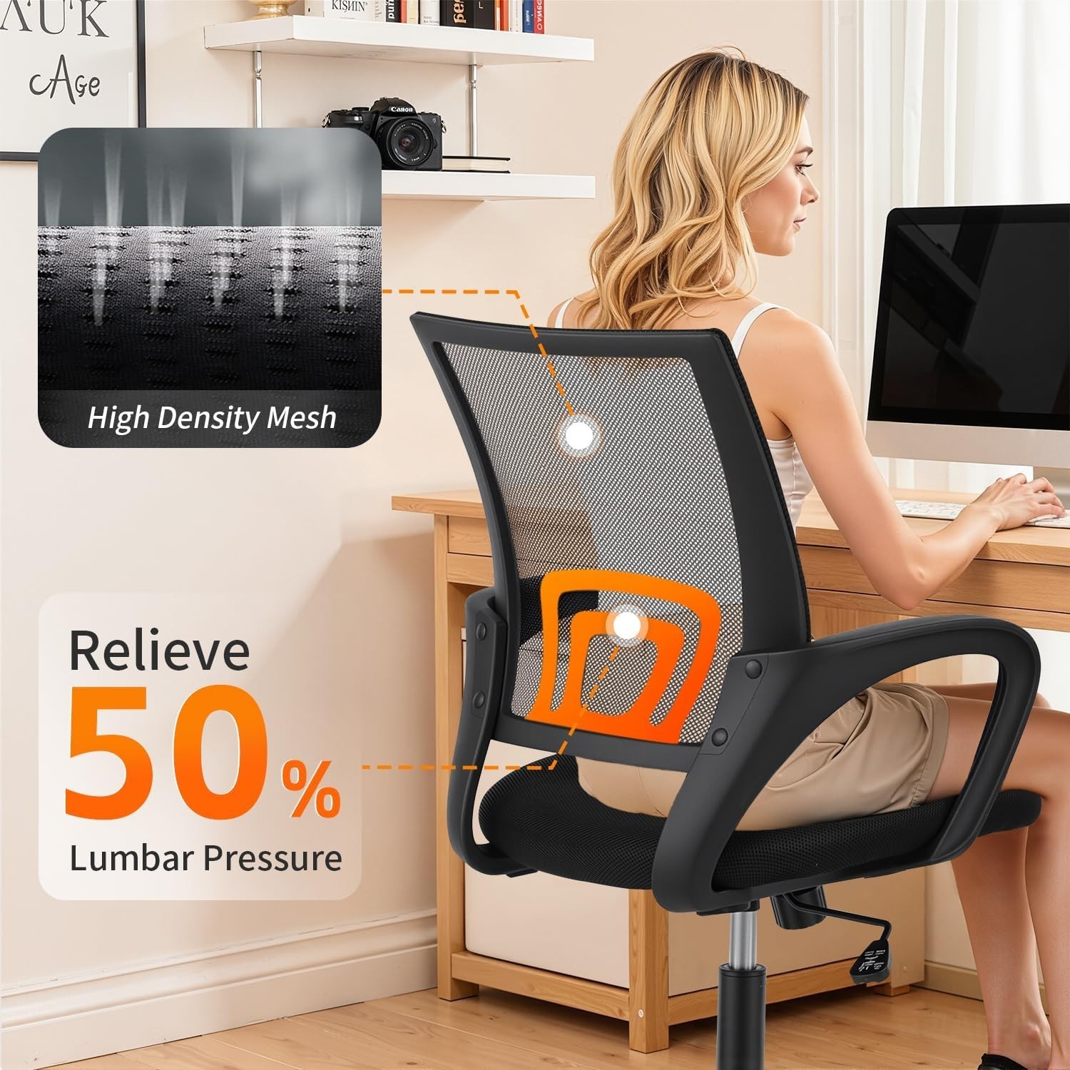 Compact Ergonomic Office Chair - Adjustable Height, Rolling Desk Chair in Black