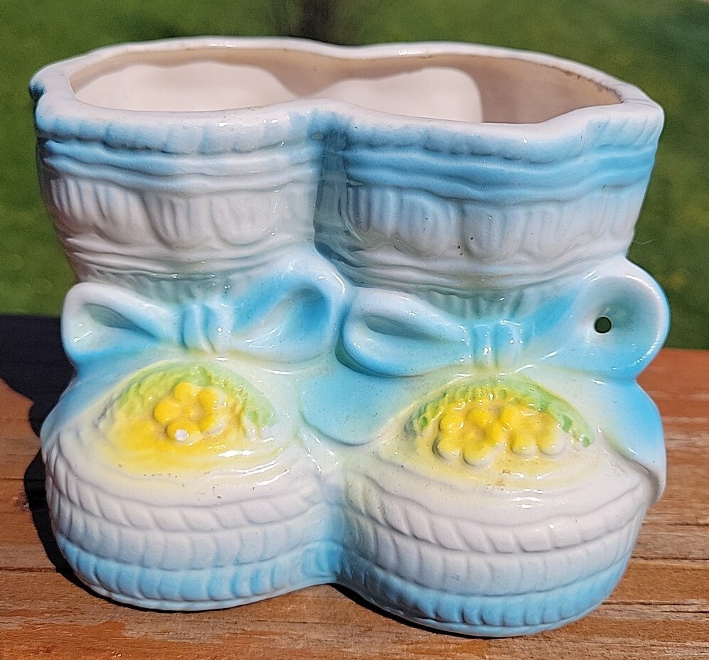 Booties Planter Baby Boy Boots Blue & White with Daisies Japan MCM Retro Vintage