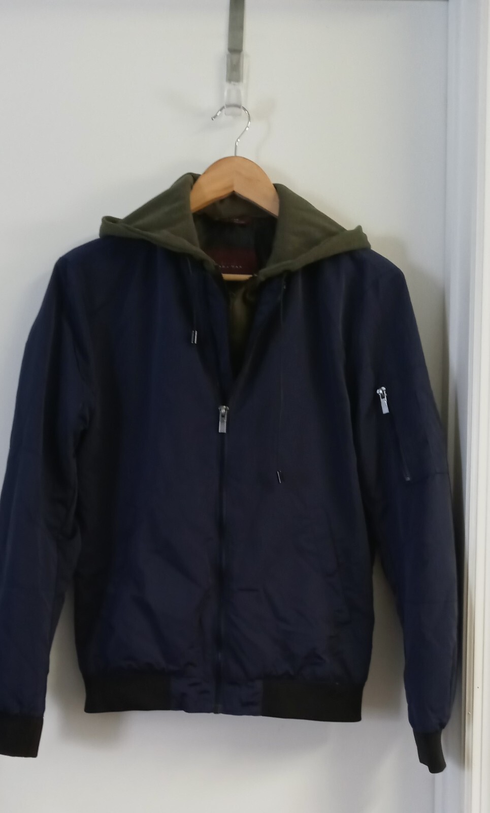 Zara Man Blue & Green Bomber Jacket With Hood Size S