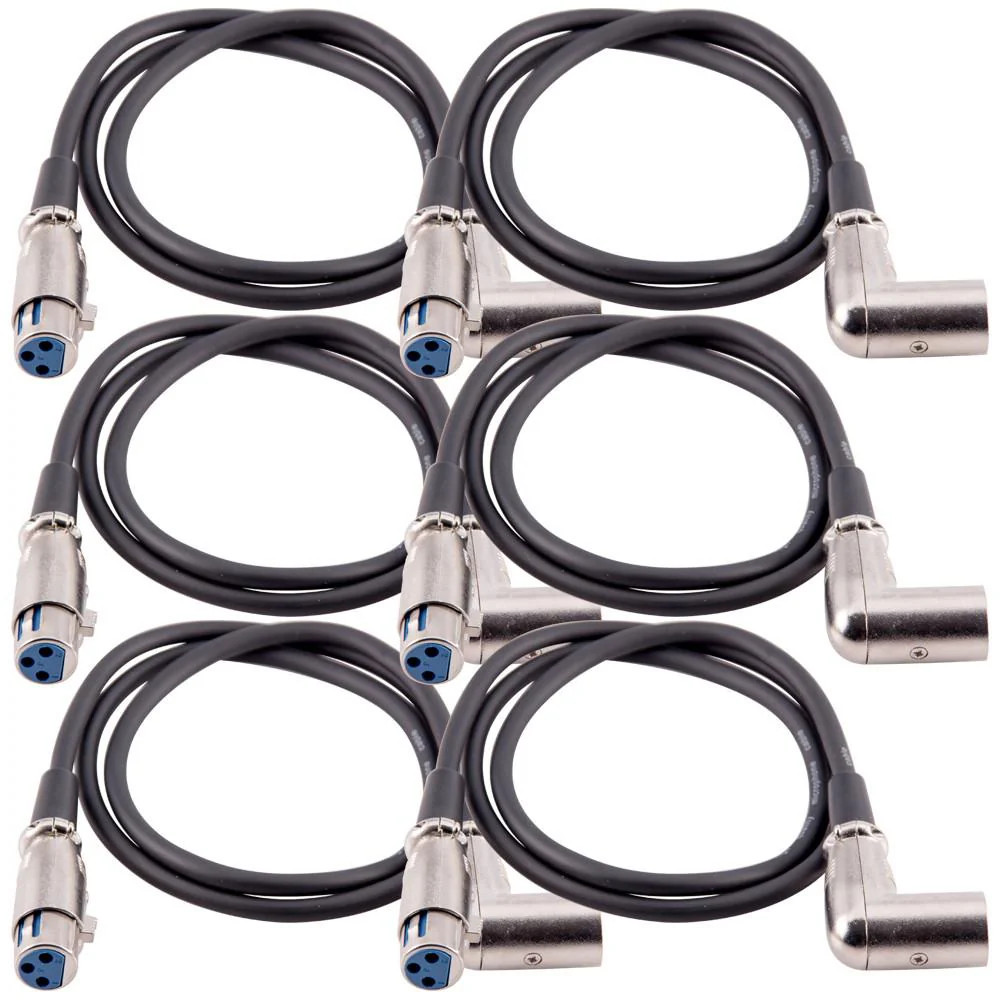 6 Pack 3ft XLR Female to Right Angle Male Patch Cables