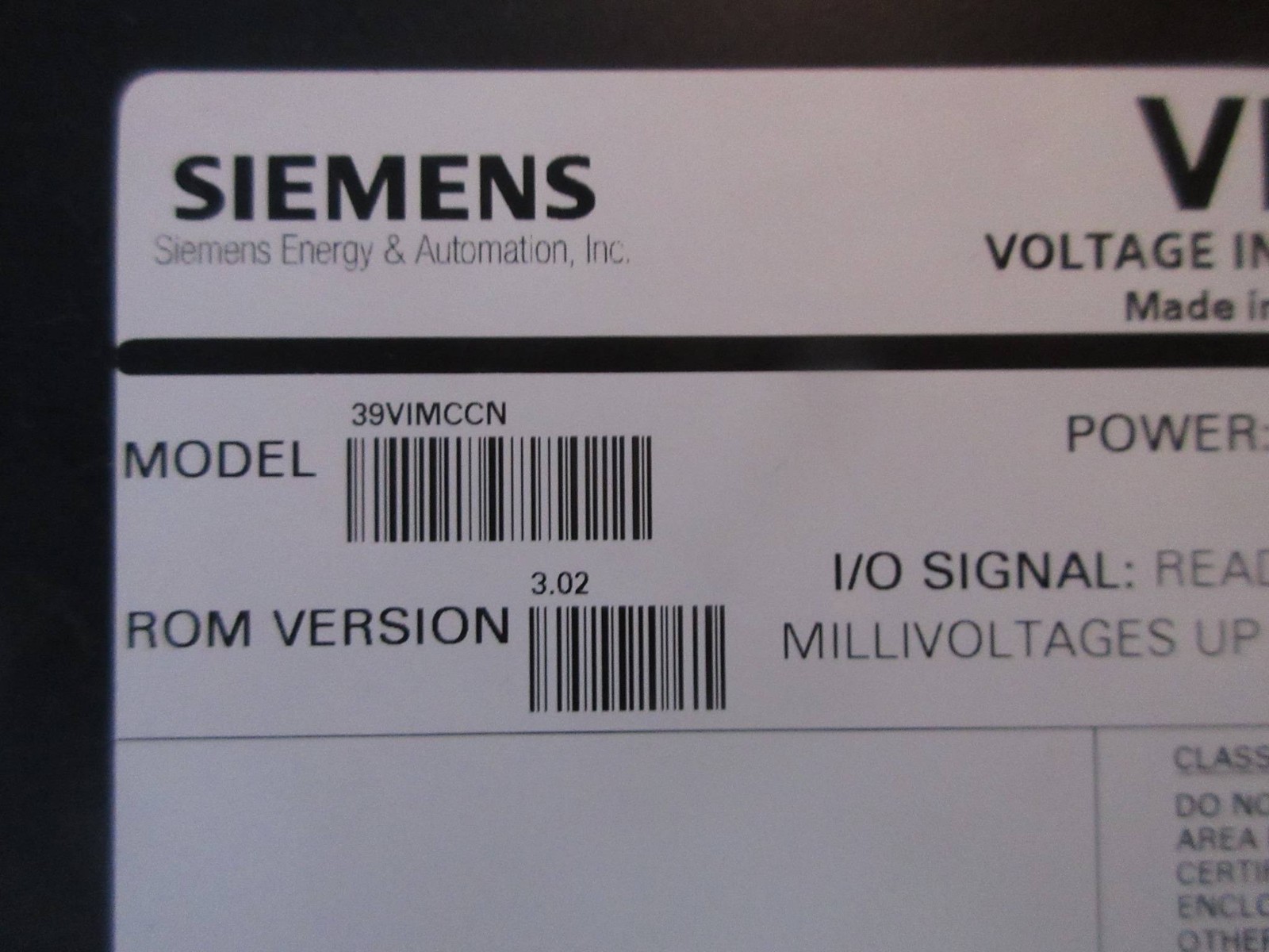Siemens 39VIMCCN A5E00282175/07 APACS+ VIM Voltage Input Module Moore ROM 3.02