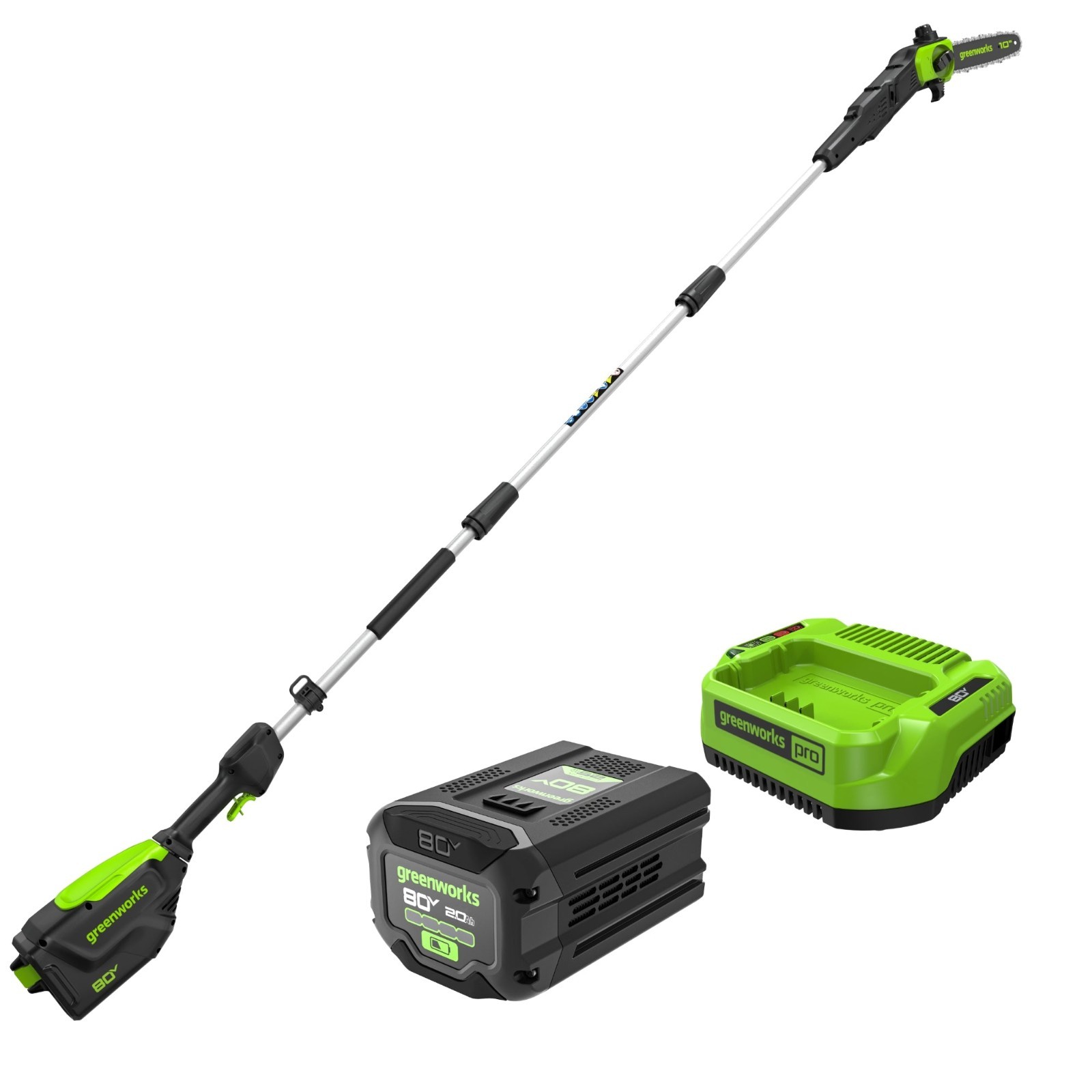 Greenworks 80V 10 inch Pole Saw (Max Reach 14Ft) w/ 2Ah Battery and 2A Charger
