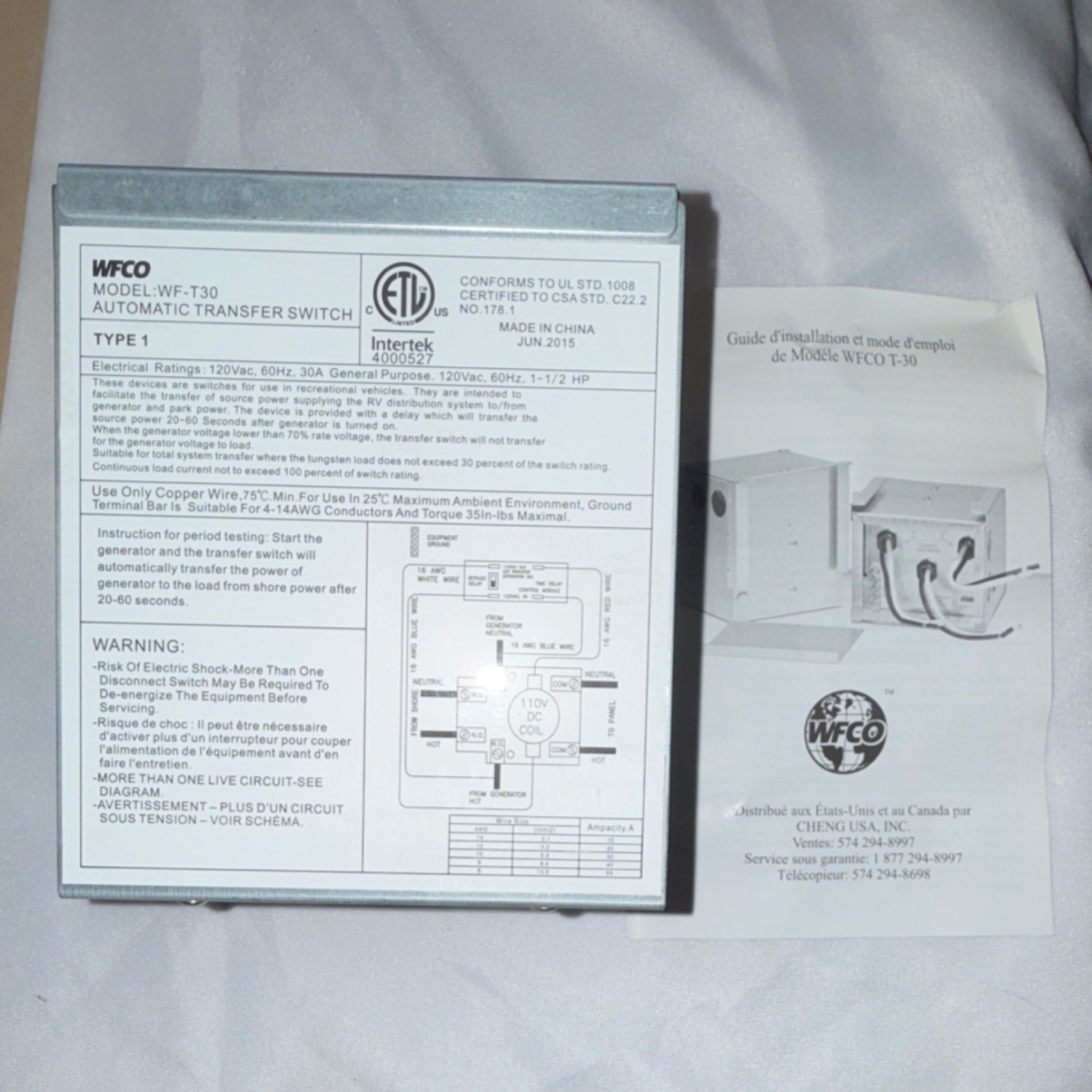 WFCO Automatic Transfer Switch Model WF-T30 30 Amp Type Automatic MPN WF-T30