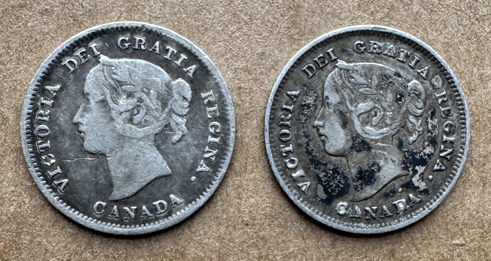 2 COIN LOT CANADA FIVE CENTS 1900 OVAL 0's  1901 5 CENTS .925 SILVER KM#2 F & VF