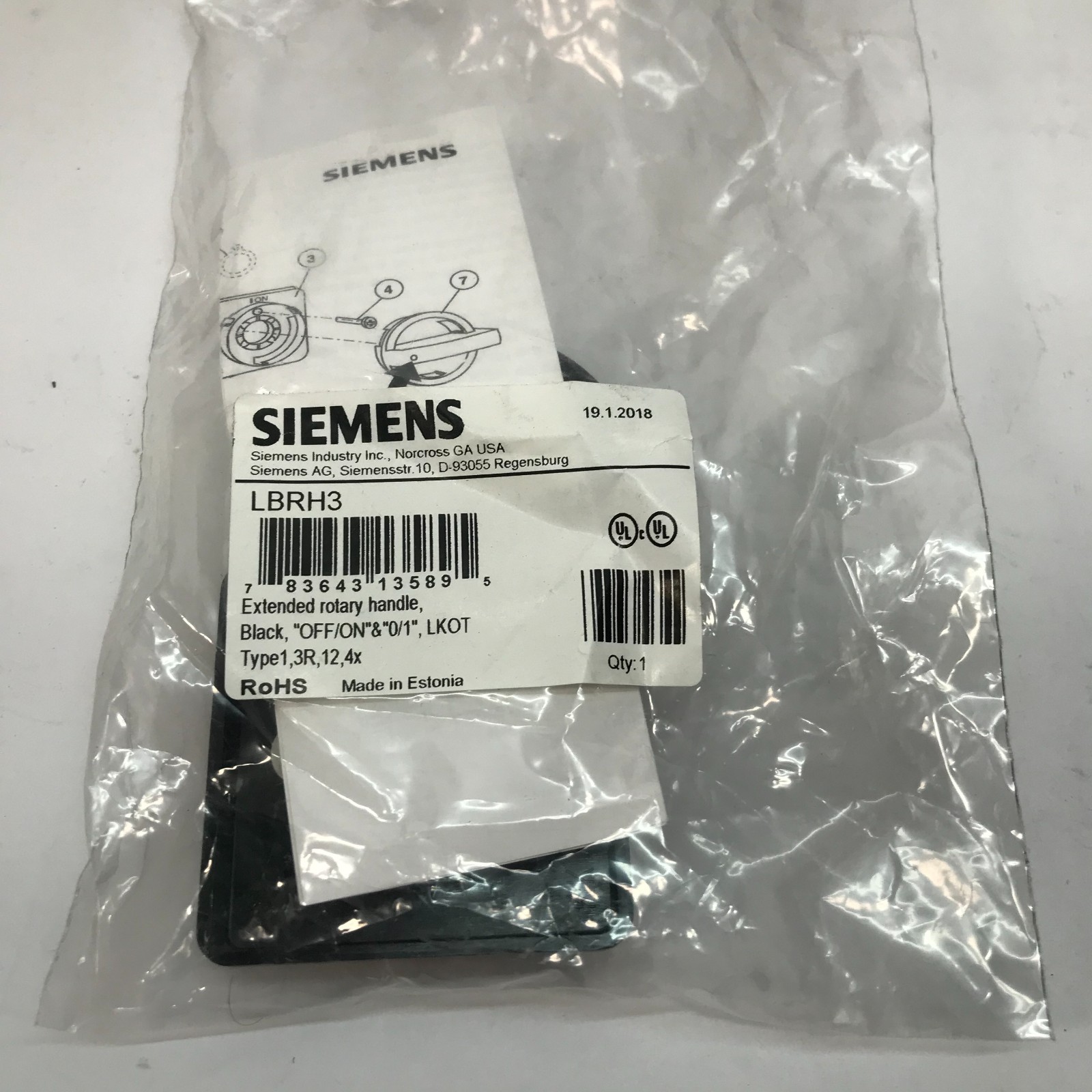 Siemens LBRH3 Extended Rotary Handle, Black, OFF/ON - New in Bag