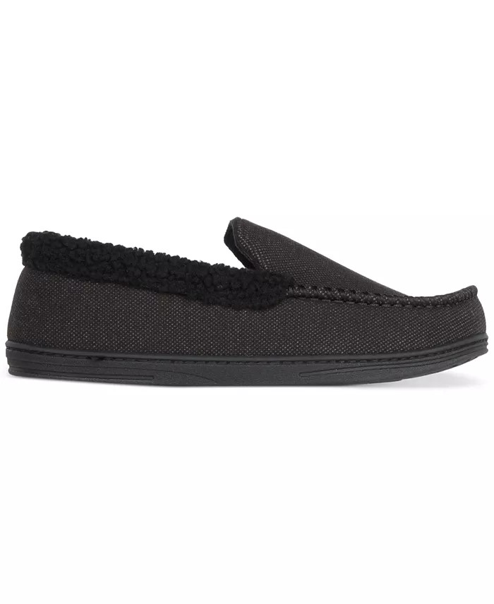 Isotoner Mens Brushed Knit and Plaid Lewis Moccasin Slipper in Black Size XL